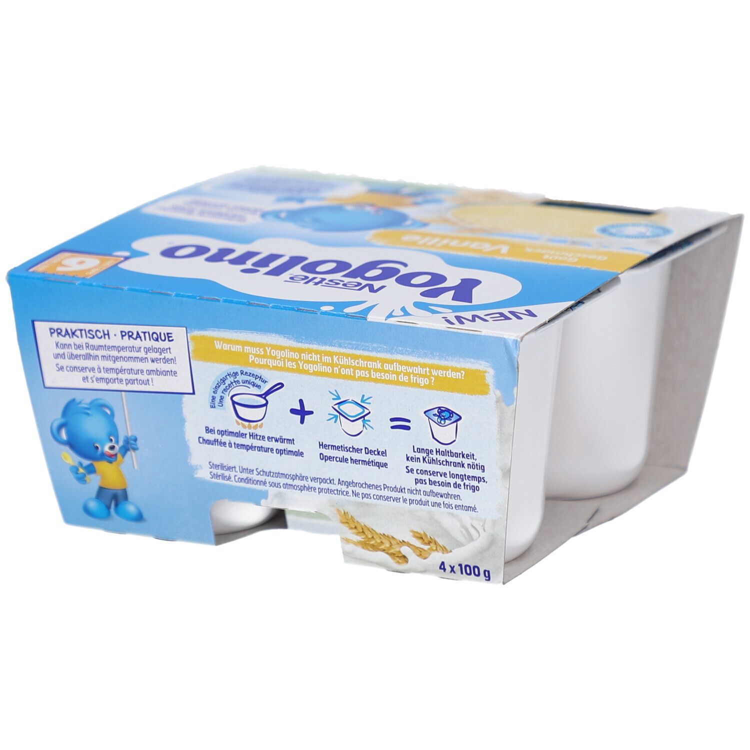 Emballage de quatre pots de Yogolino Vanille. Dos avec instructions de préparation et informations sur le produit. 4 x 100g.