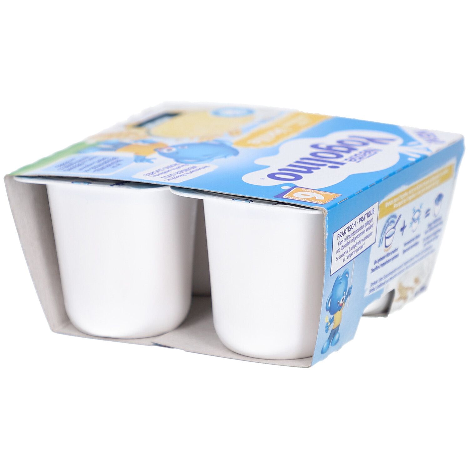 Emballage avec deux pots de Yogolino Vanille visibles. Emballage bleu avec logo et illustration d'ours en peluche.