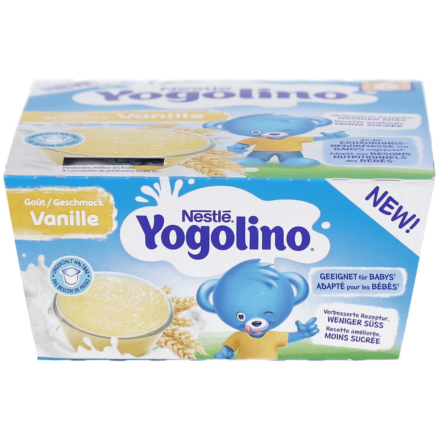 Emballage Yogolino Vanille avec logo, illustration d'ours en peluche et autocollant "NEW!". Goût: Vanille.