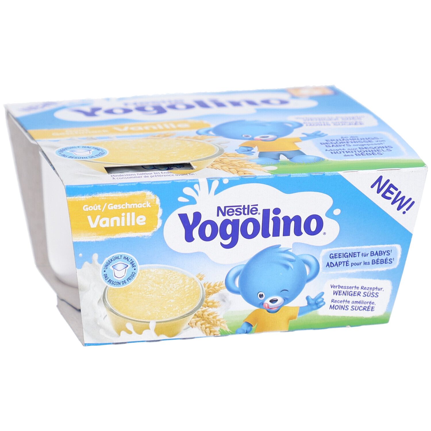 Emballage Yogolino Vanille avec logo, illustration d'ours en peluche et autocollant "NEW!". Goût: Vanille.