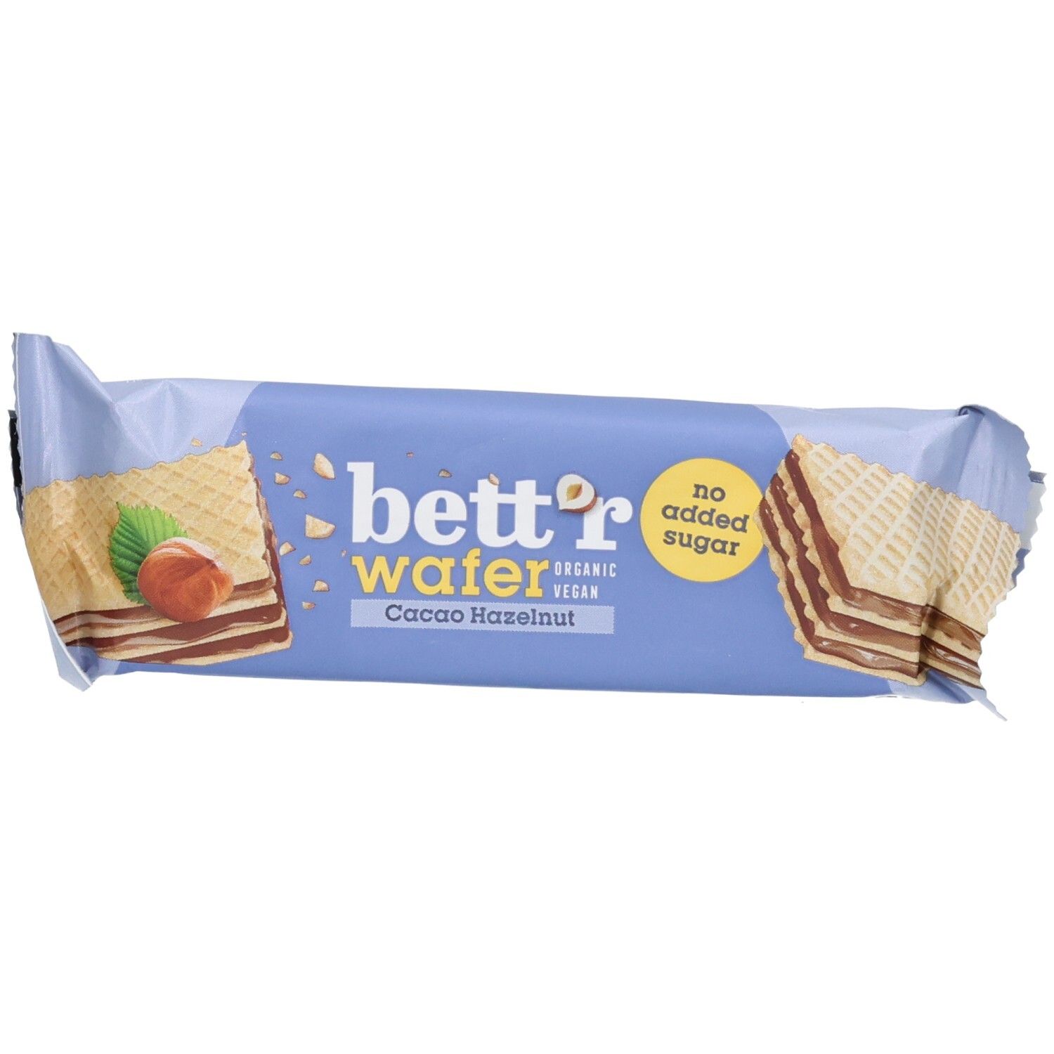 Bett'r Waffel Kakao Haselnuss ohne Zucker, mit Haselnuss und Kakaofüllung.