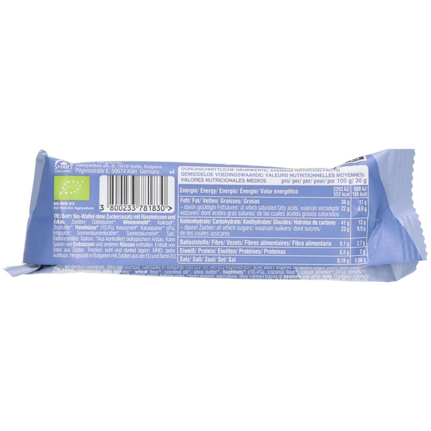 Rückseite der Bett'r Waffel Kakao Haselnuss Packung mit Nährwertangaben und Bio-Siegel.