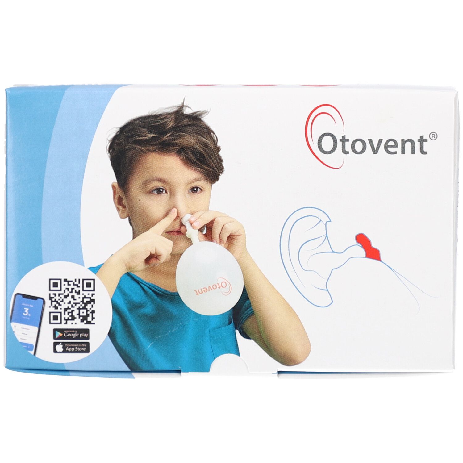 Verpackung mit Abbildung eines Kindes, das ein Gerät am Nasenloch benutzt. Oben rechts: Logo Otovent. QR-Codes und App-Hinweis.