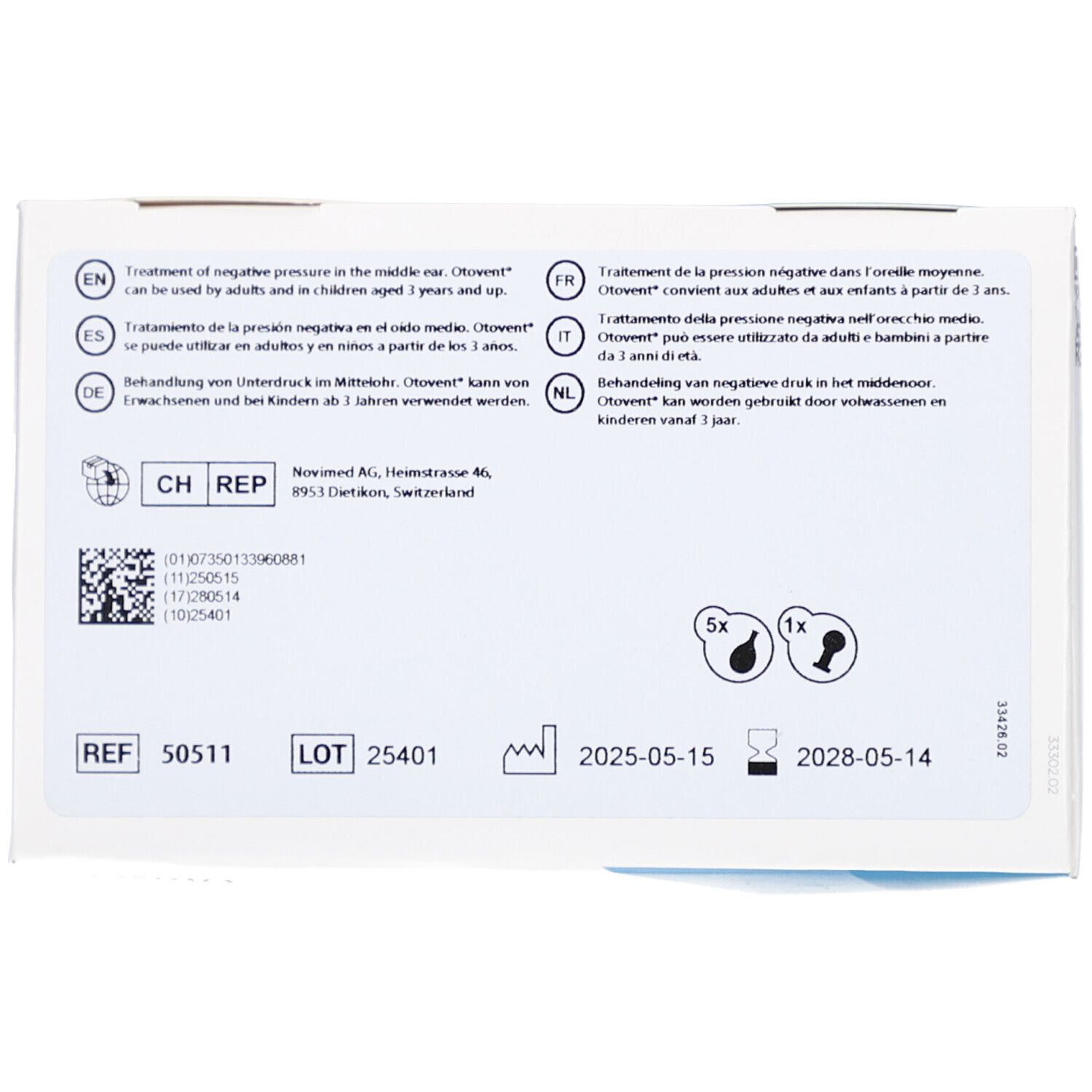 Verpackungsrückseite mit Text in mehreren Sprachen. Informationen zu Anwendung und Haltbarkeit. Logos und Chargennummer.