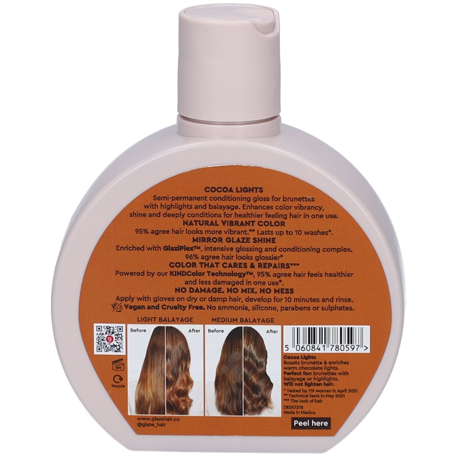 Dos du flacon. Texte : "Cocoa Lights", "Mirror Glaze Shine". Images de couleurs de cheveux. Code QR et code-barres.