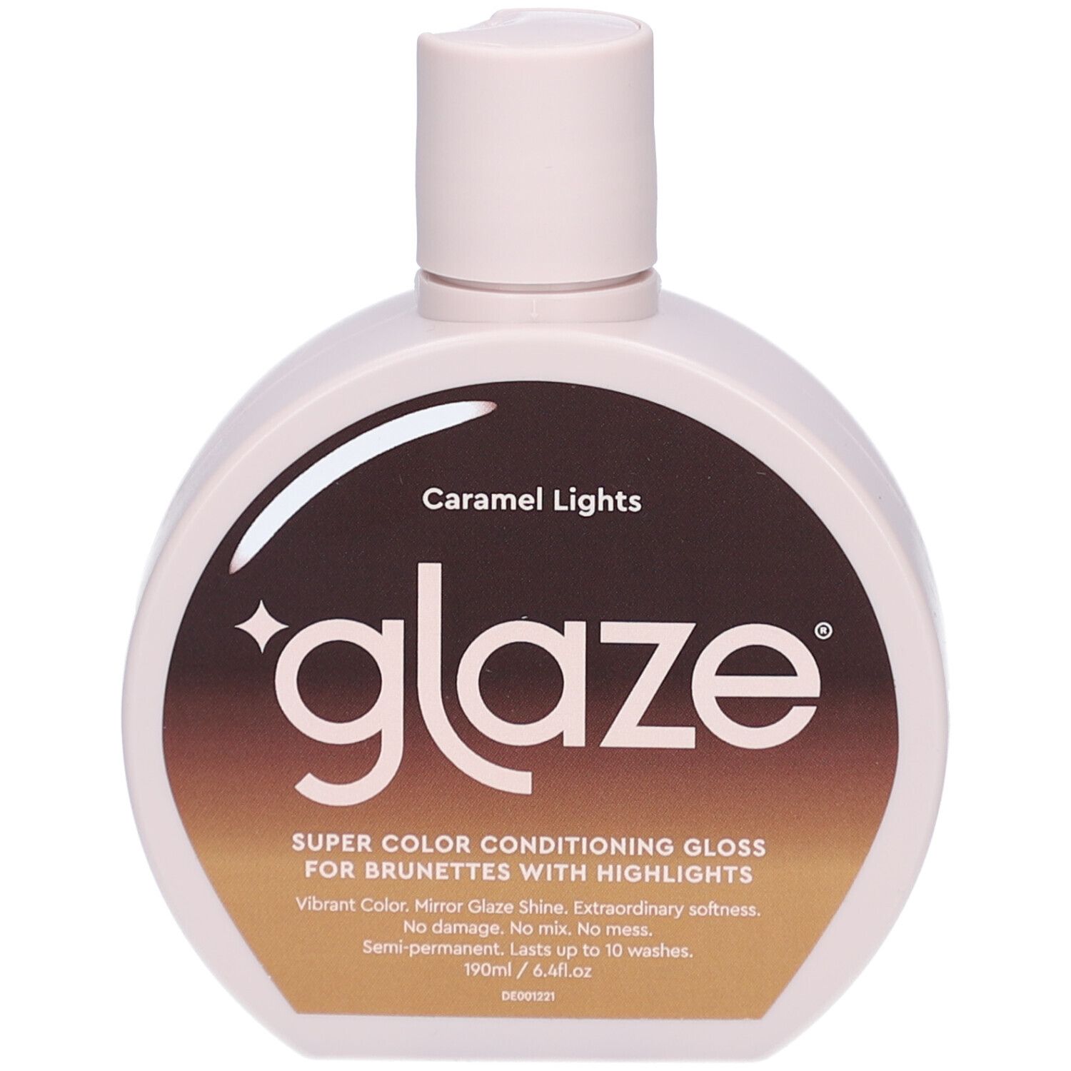 Flacon rond avec étiquette marron. Inscription 'glaze' et 'Caramel Lights'.