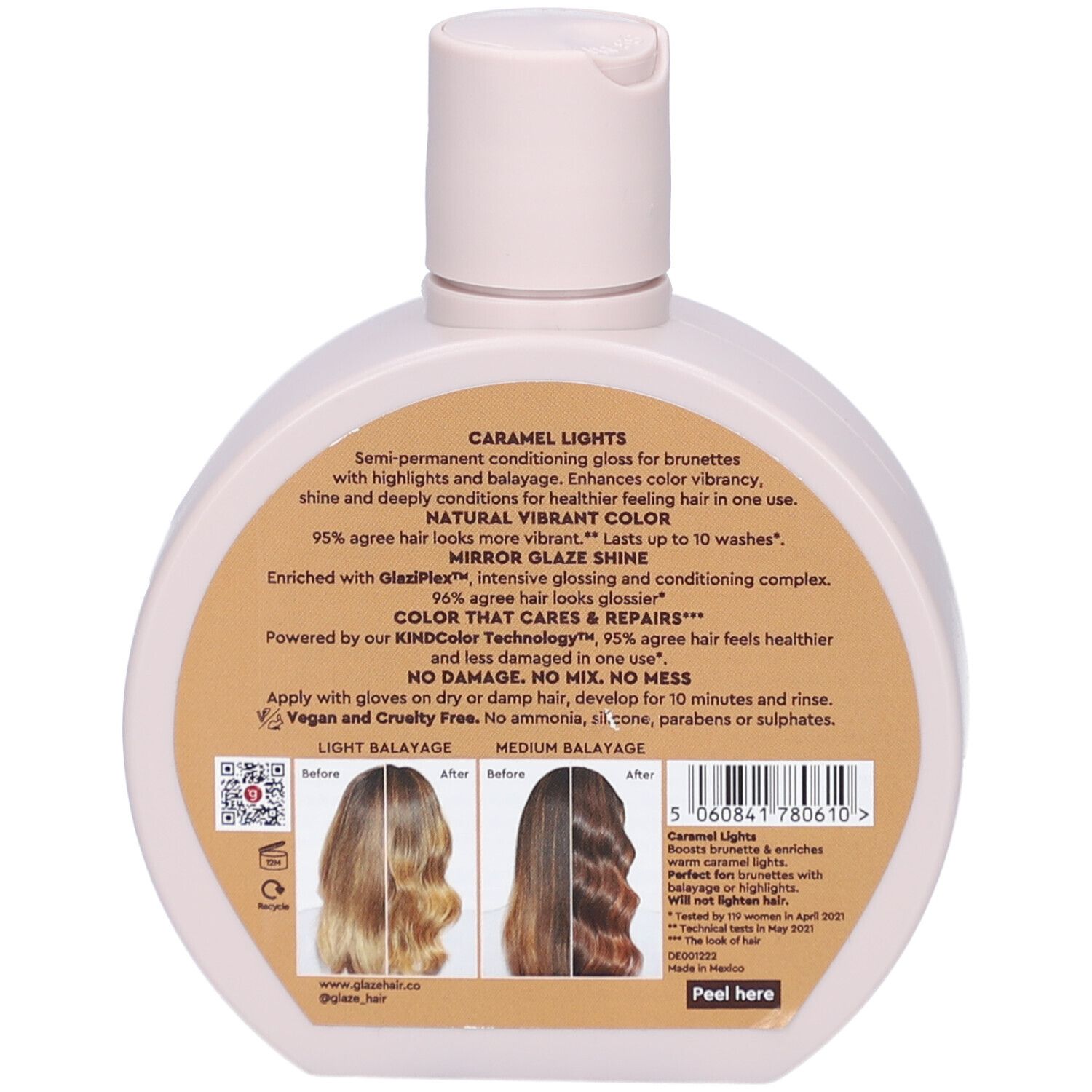 Dos du flacon. Texte avec informations sur le produit et illustrations de cheveux.