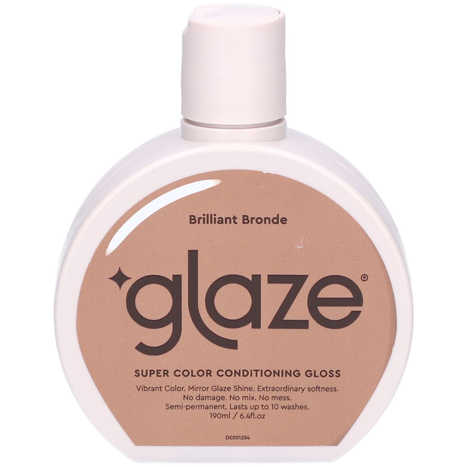 Flacon rond, bouchon blanc. Étiquette avec 'glaze' et 'Brilliant Bronde'. Surface marron clair.