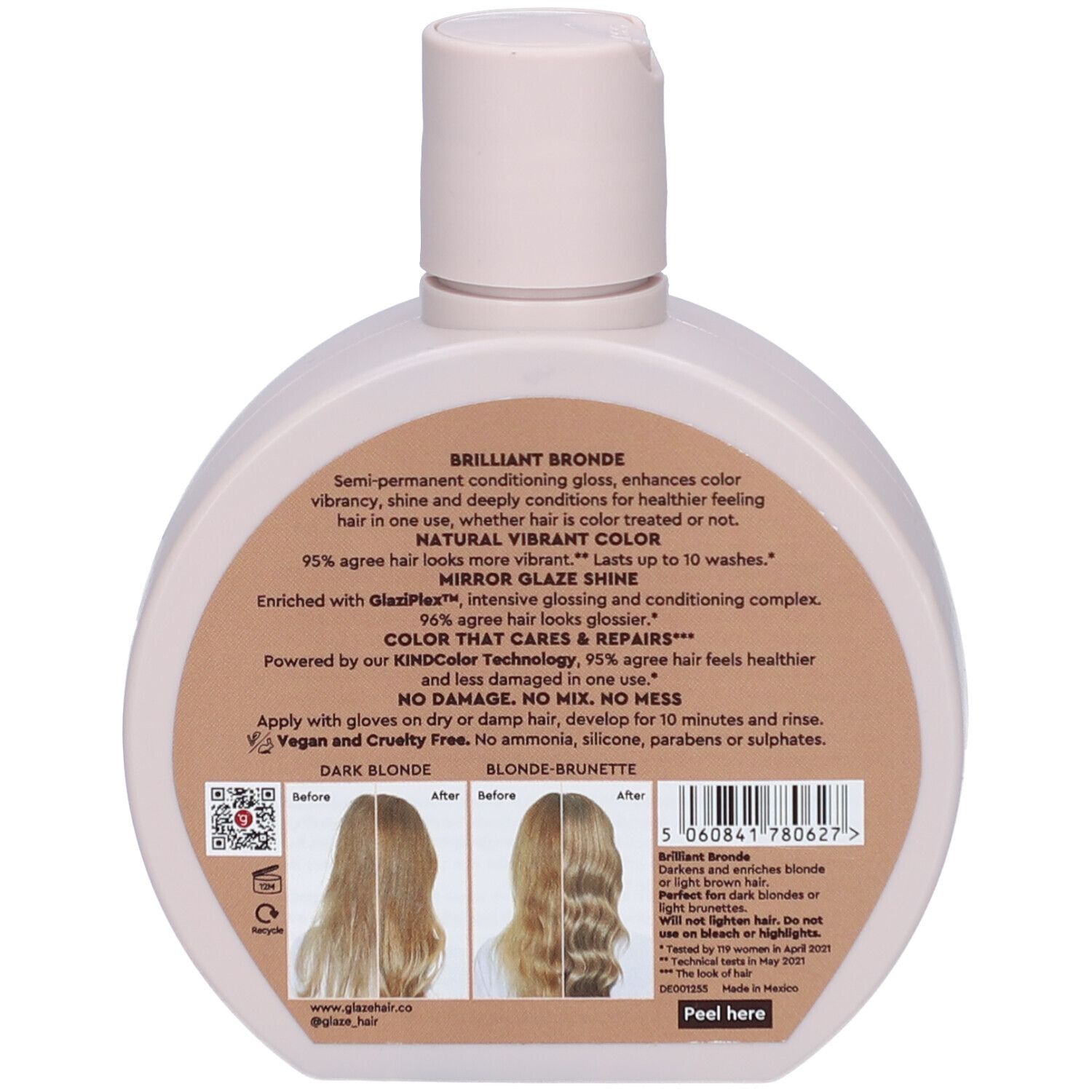 Dos du flacon rond. Texte avec informations produit et images avant/après. Texte 'Brilliant Bronde'.