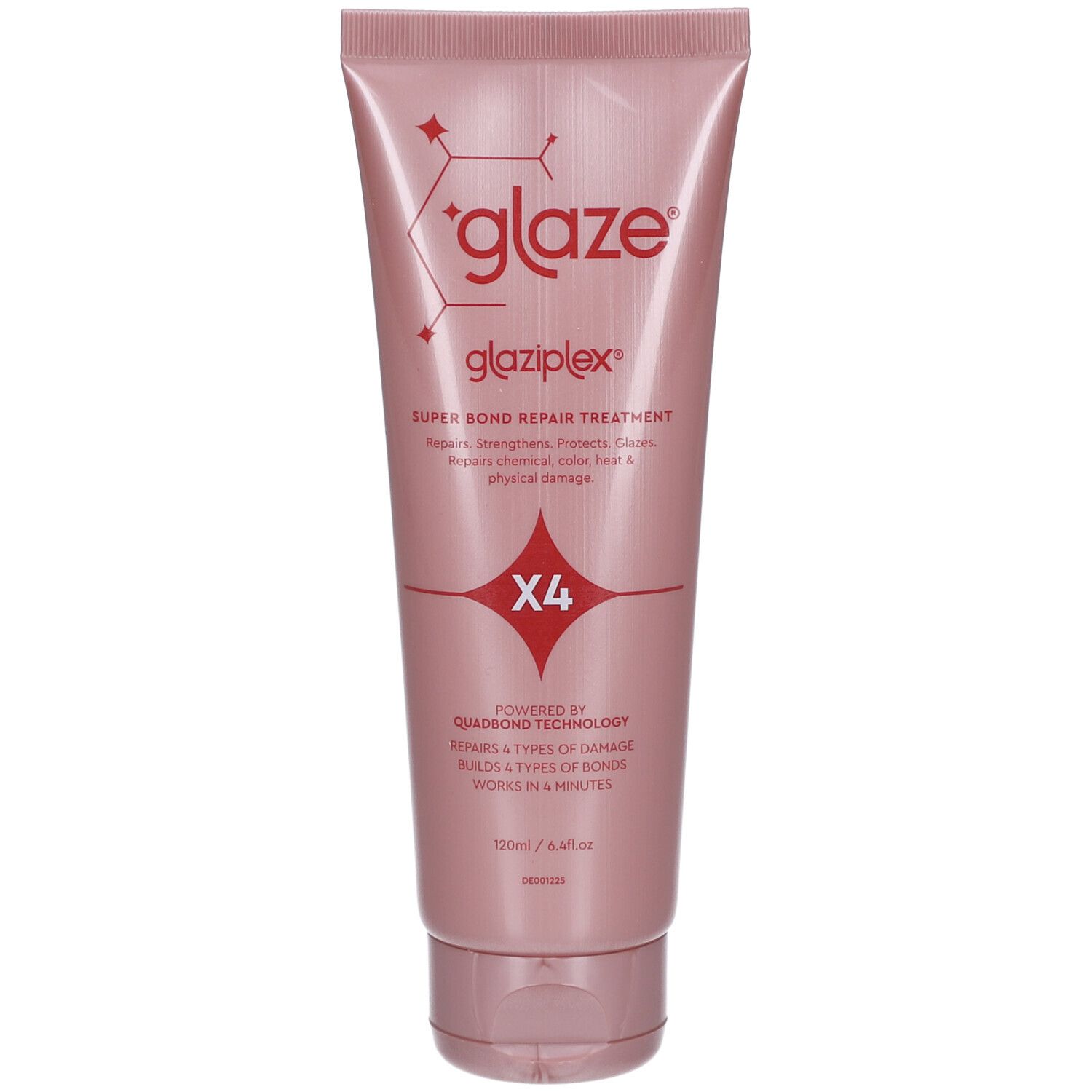 Rosa Tube mit Produkt. "glaze glaziPlex" und "SUPER BOND REPAIR TREATMENT" Text. "X4" Symbol. 120ml.