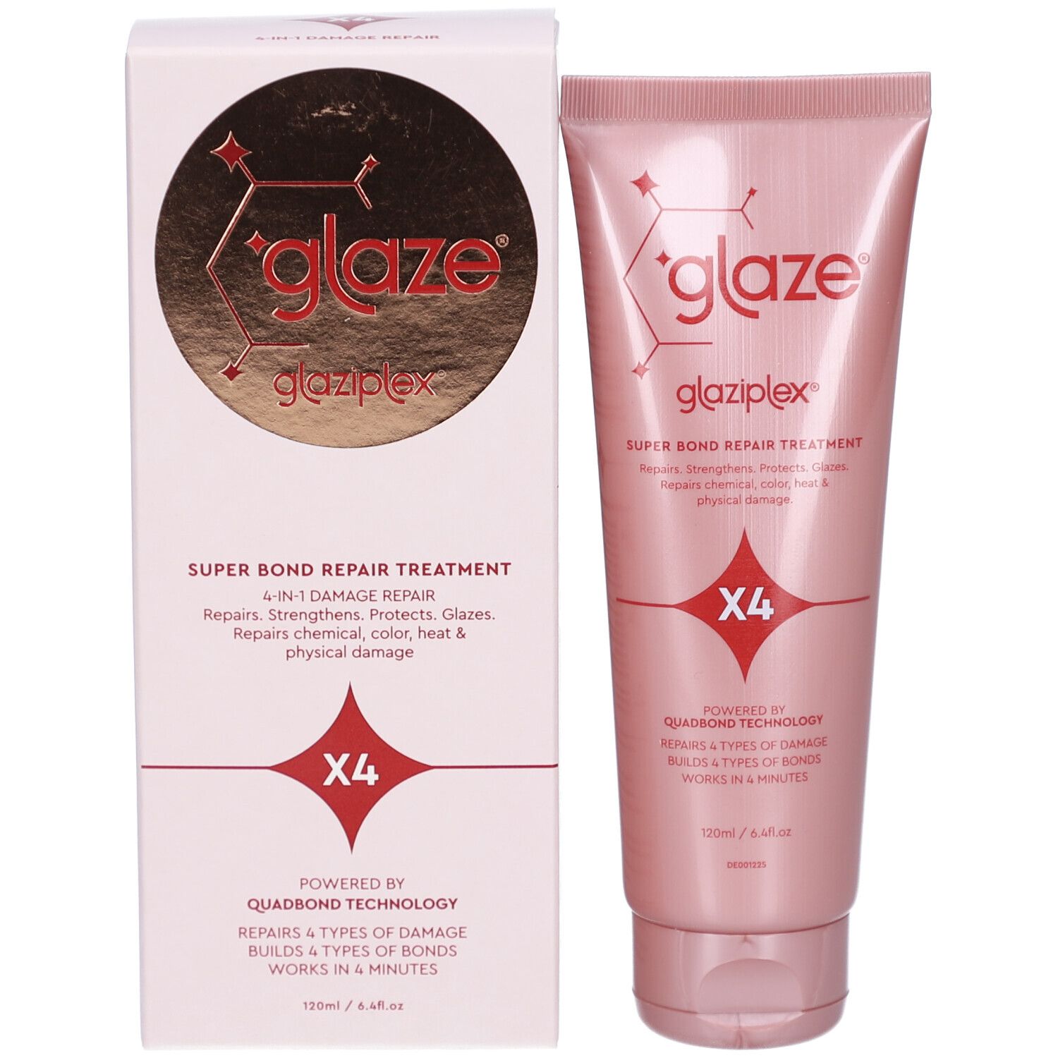 Produkt und Verpackung. "glaze glaziPlex" und "SUPER BOND REPAIR TREATMENT" Text. "X4" Symbol. 120ml.