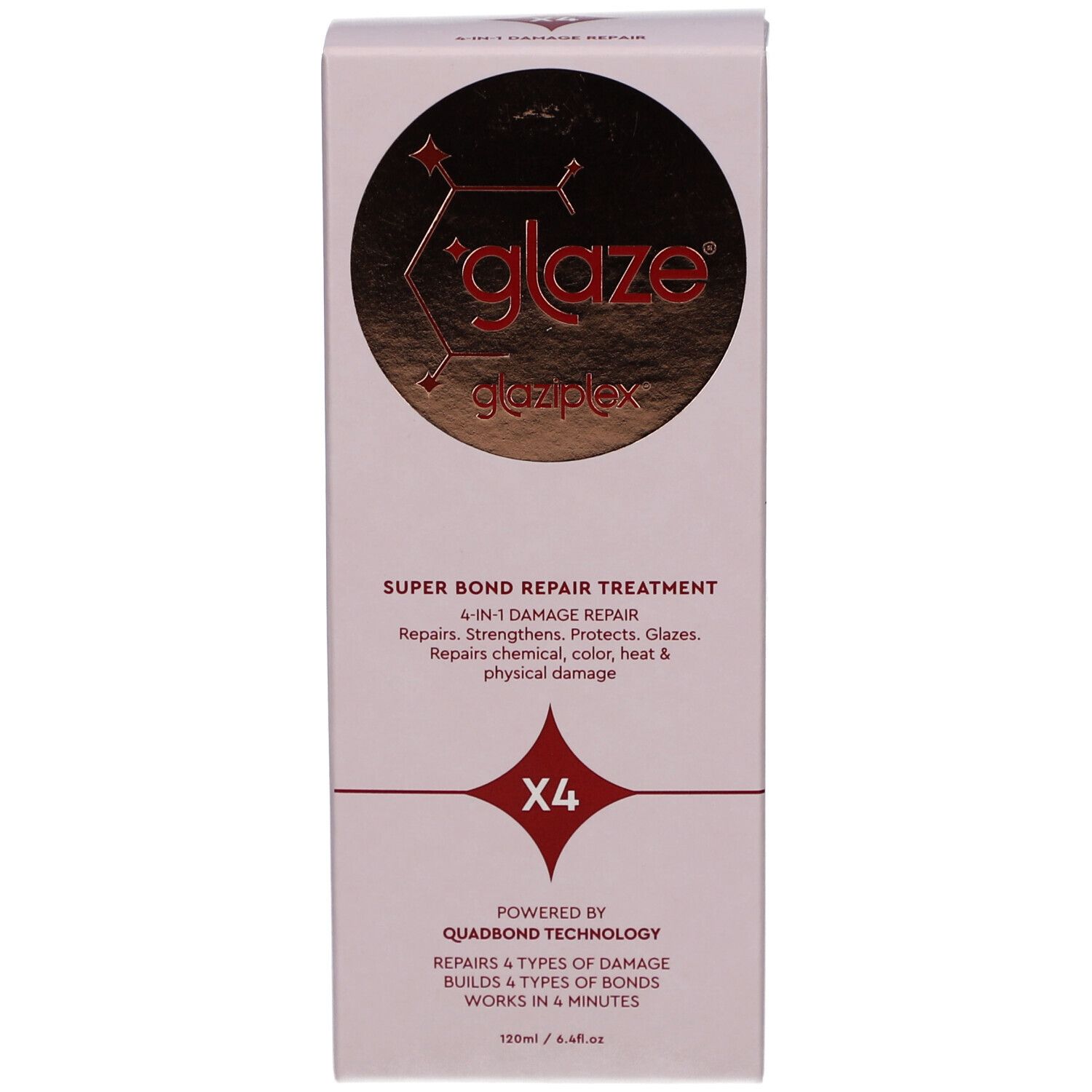 Verpackung. "glaze glaziPlex" und "SUPER BOND REPAIR TREATMENT" Text. "X4" Symbol. 120ml.