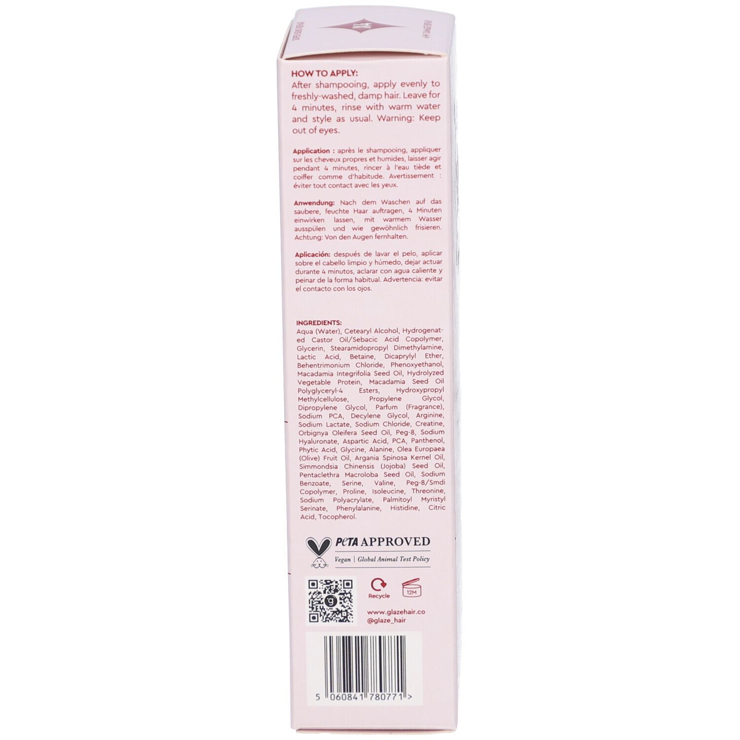 Verpackung. Text: Anwendungshinweise, Inhaltsstoffe, PETA-Logo.
