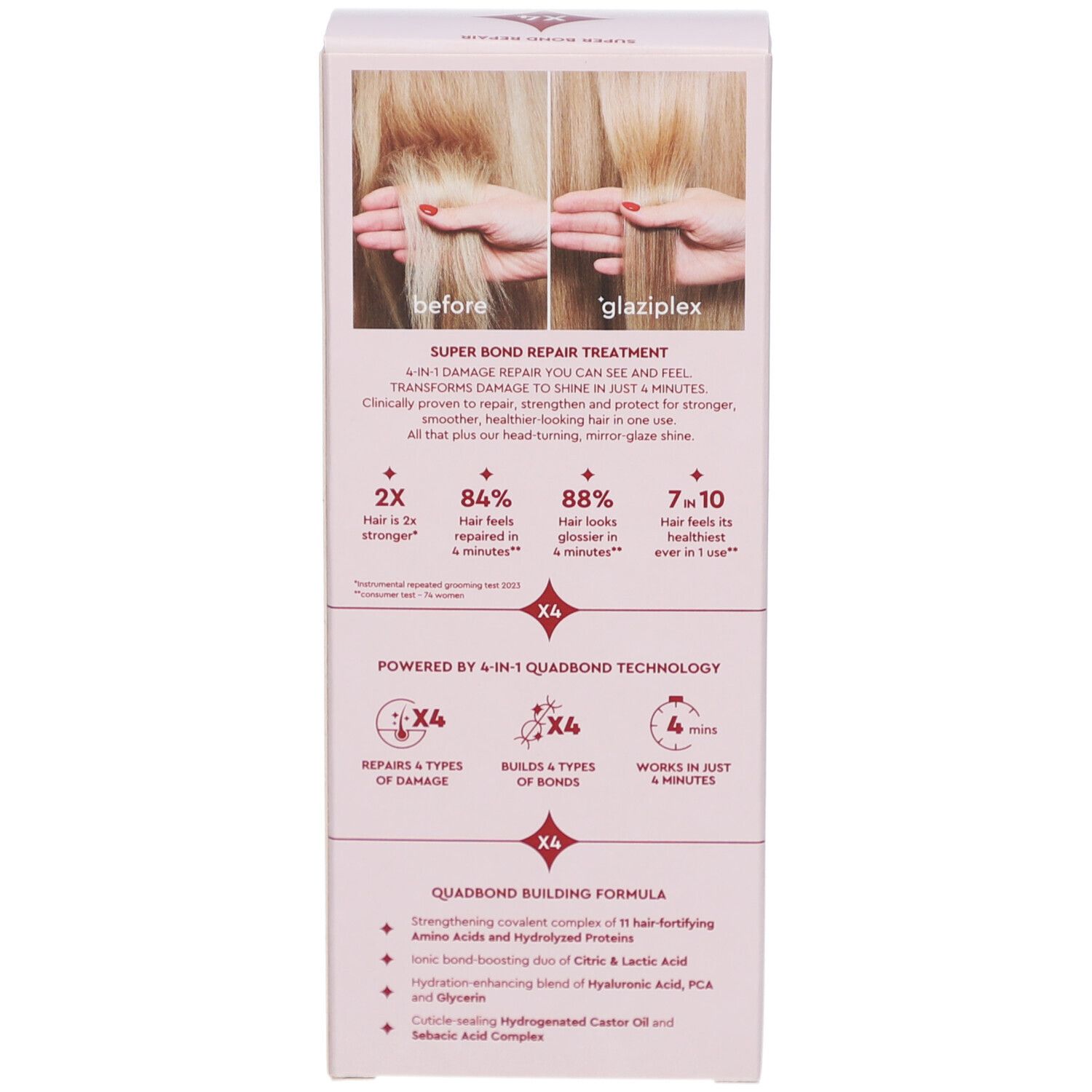 Verpackung. Vorher/Nachher-Bilder. Text: "SUPER BOND REPAIR TREATMENT". "X4" Symbole. Inhaltsstoffe.