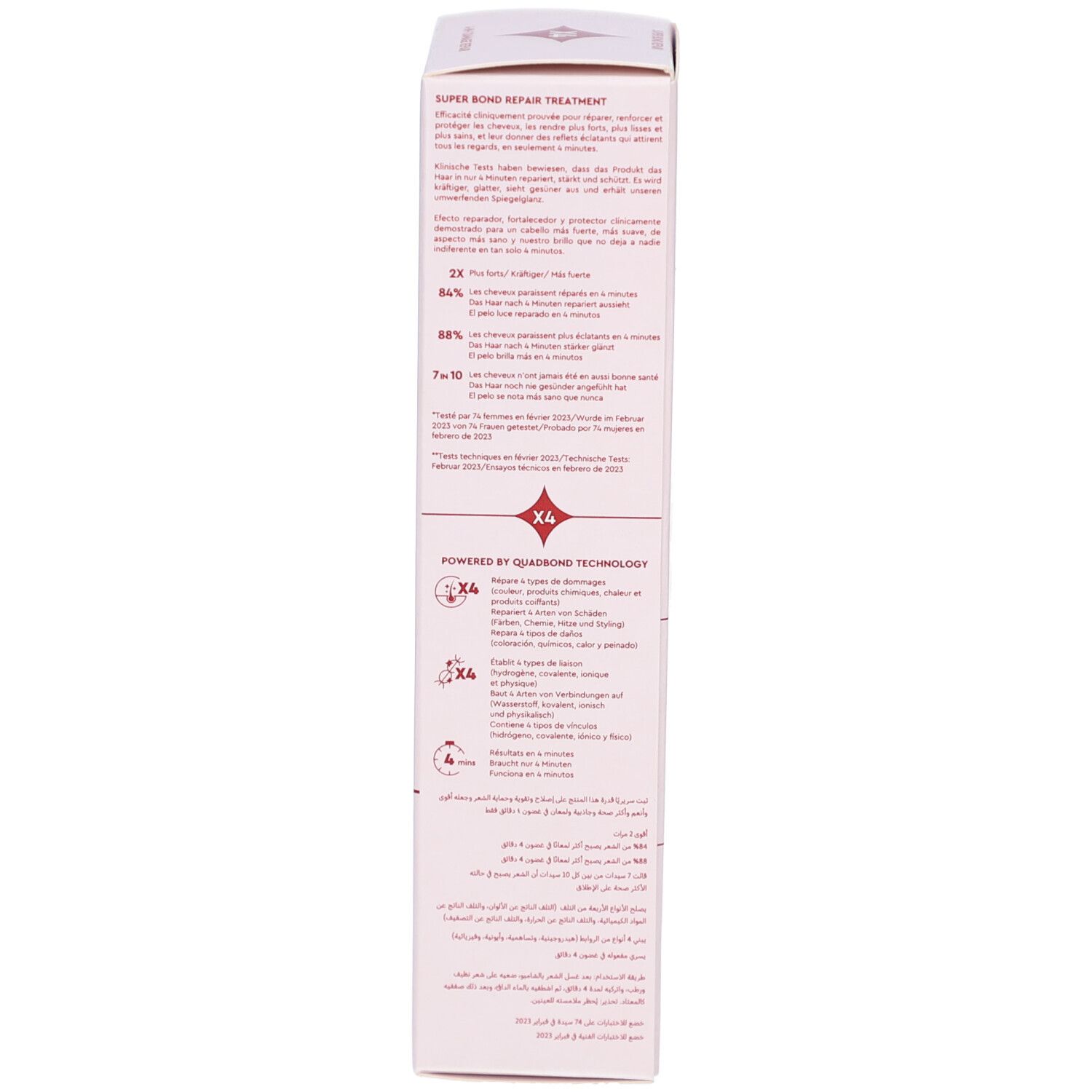 Verpackung. Text: "SUPER BOND REPAIR TREATMENT". "X4" Symbole. Inhaltsstoffe.