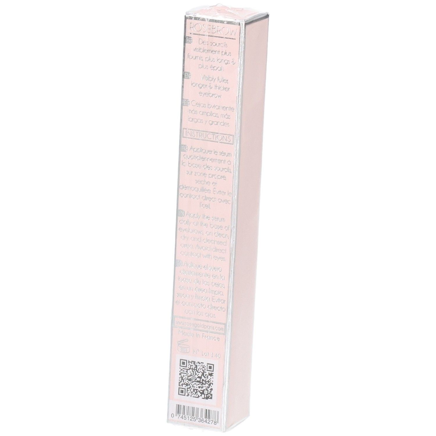 Dos de l'emballage rose. Contient du texte et un code QR. Vue verticale.