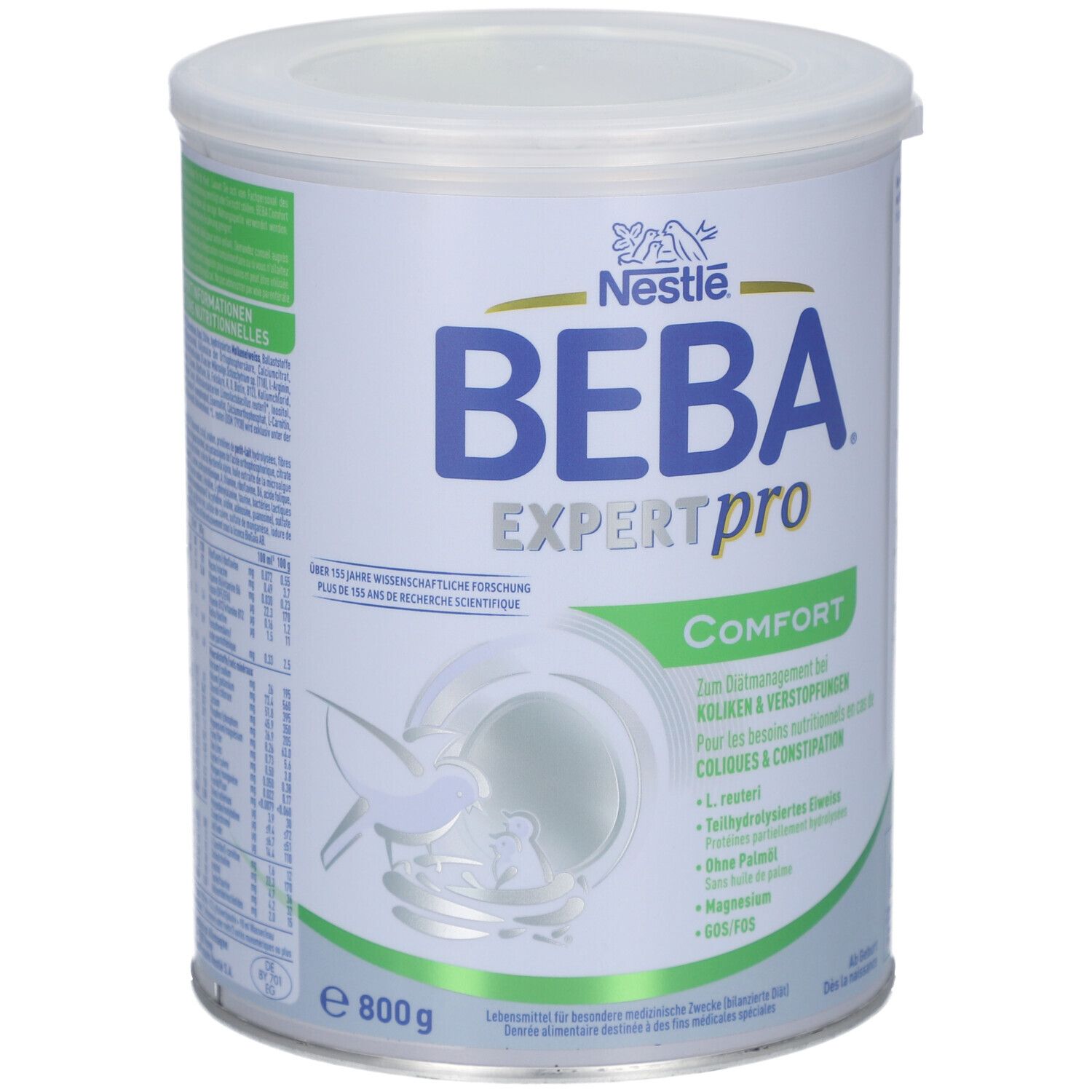 Runde Dose BEBA EXPERTpro Comfort. Aufschrift: Nestle, BEBA EXPERTpro, Comfort. Inhalt: 800 g. Für Koliken & Verstopfung.
