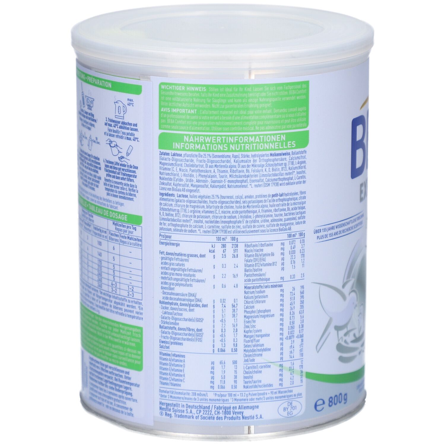 Rückseite der Dose BEBA EXPERTpro Comfort. Enthält Nährwertinformationen und weitere Produktinformationen.