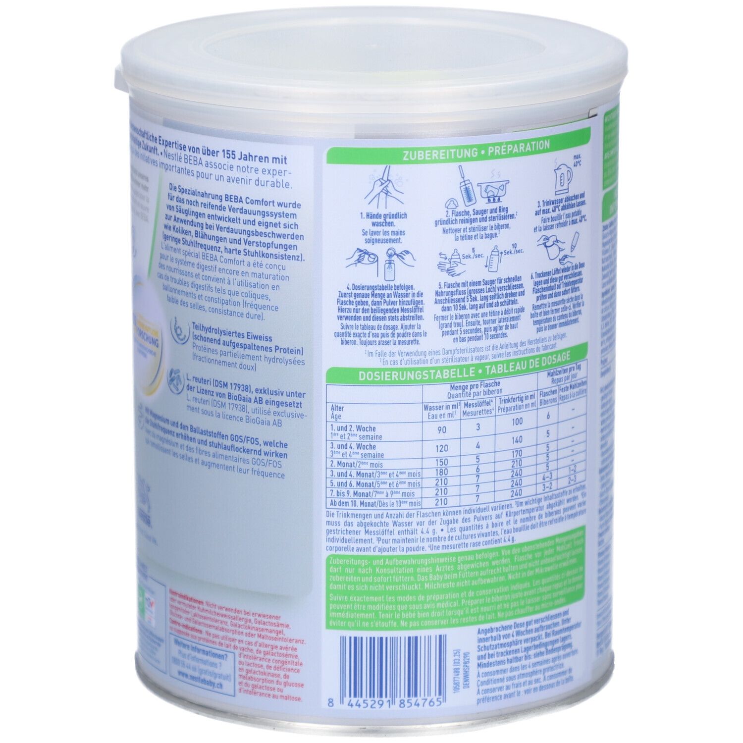 Rückseite der Dose BEBA EXPERTpro Comfort. Zeigt Zubereitungshinweise und Dosierungstabelle.