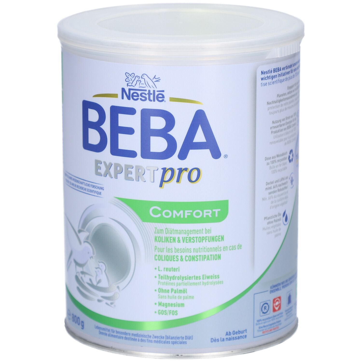 Runde Dose BEBA EXPERTpro Comfort. Aufschrift: Nestle, BEBA EXPERTpro, Comfort. Inhalt: 800 g. Für Koliken & Verstopfung.