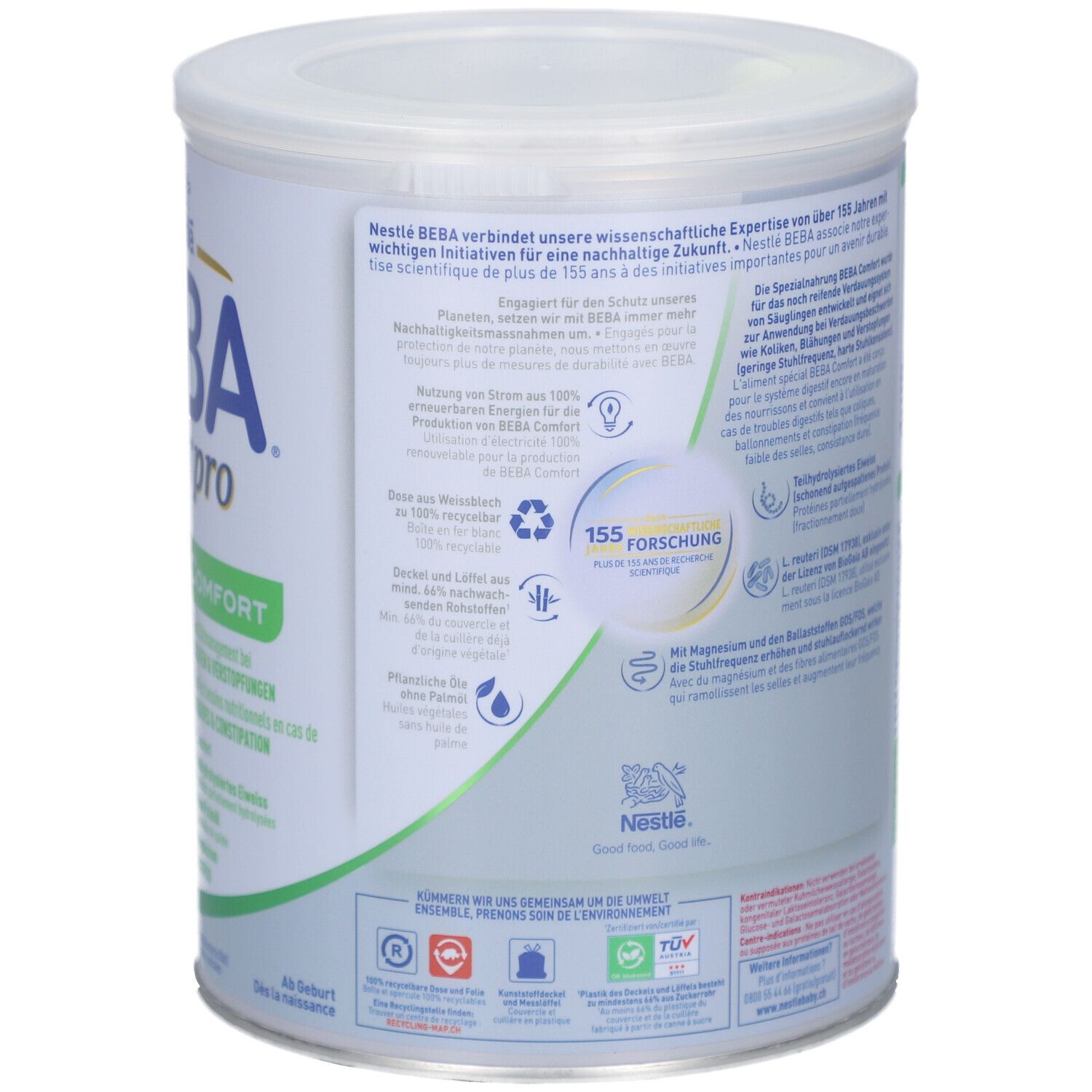 Rückseite der Dose BEBA EXPERTpro Comfort. Enthält Informationen zu Nachhaltigkeit und Forschung.