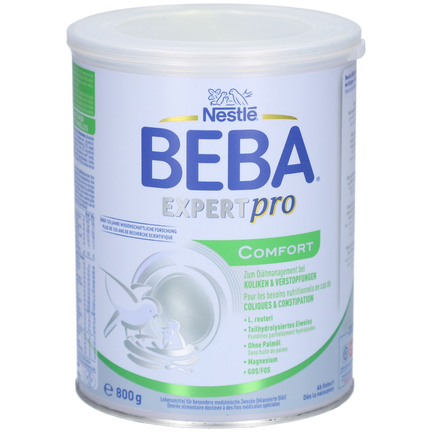 Runde Dose BEBA EXPERTpro Comfort. Aufschrift: Nestle, BEBA EXPERTpro, Comfort. Inhalt: 800 g. Für Koliken & Verstopfung.