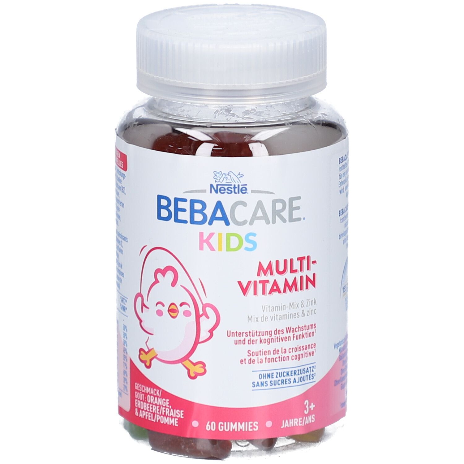Flasche mit NESTLÉ Bebacare Kids Multi-Vitamin Gummies. Enthält 60 Gummies. Mit Vitaminen und Zink. Für Kinder ab 3 Jahren.