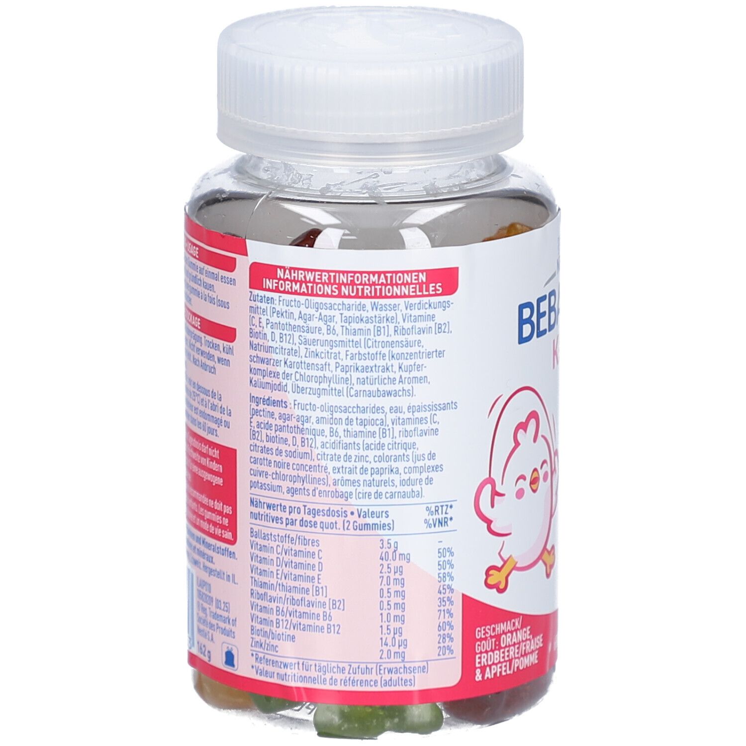 Rückseite der Flasche mit NESTLÉ Bebacare Kids Multi-Vitamin Gummies. Enthält Nährwertinformationen und Inhaltsstoffe.
