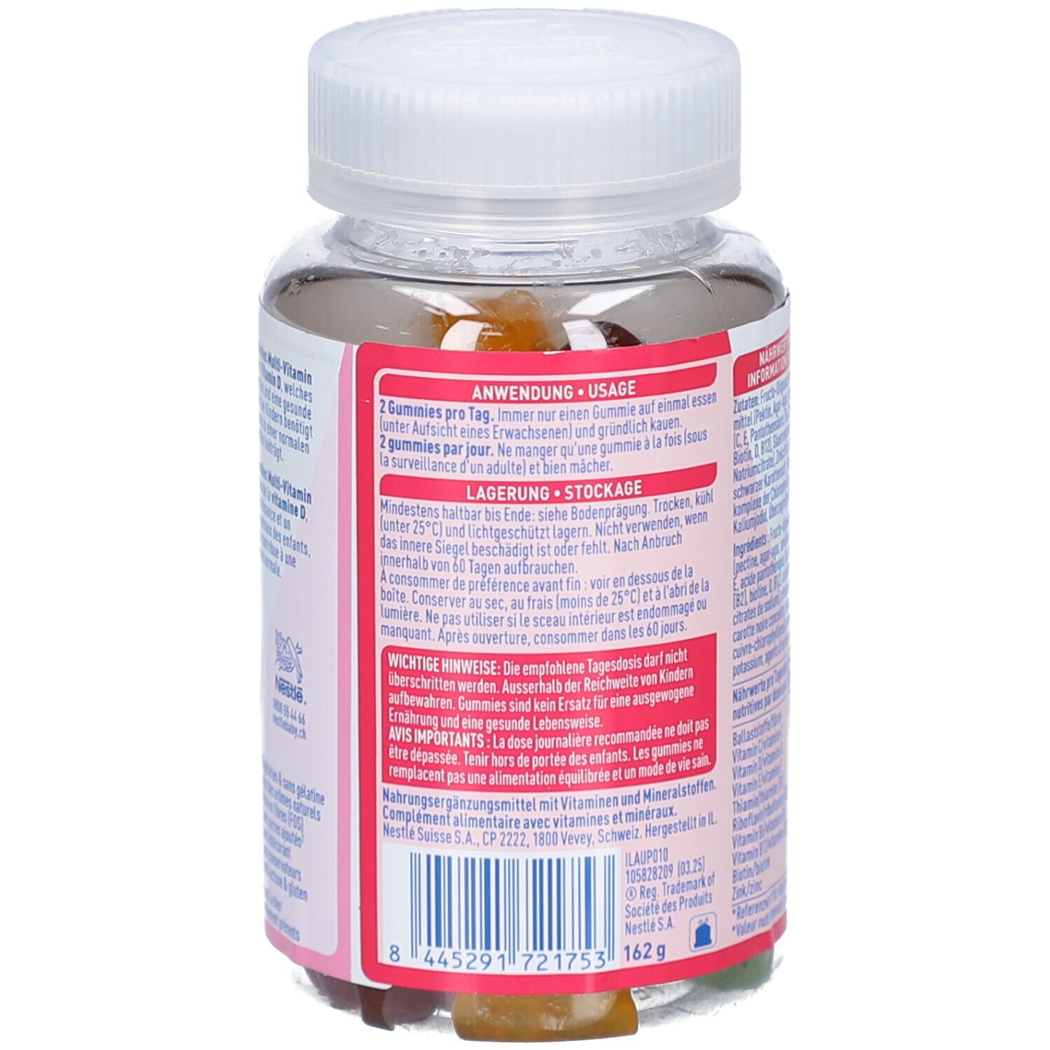 Rückseite der Flasche mit NESTLÉ Bebacare Kids Multi-Vitamin Gummies. Enthält Anwendungshinweise und Lagerungsinformationen.