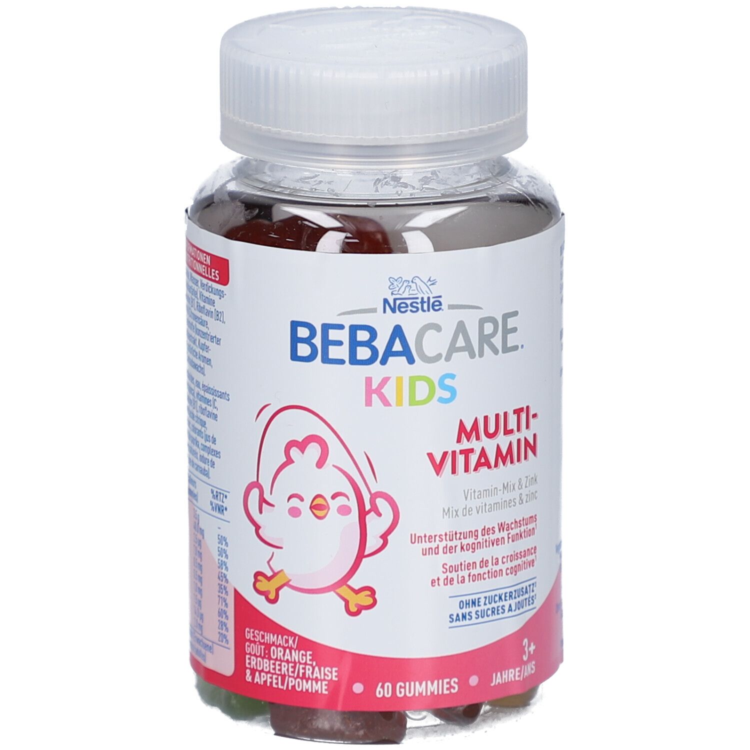 Flasche mit NESTLÉ Bebacare Kids Multi-Vitamin Gummies. Enthält 60 Gummies. Mit Vitaminen und Zink. Für Kinder ab 3 Jahren.