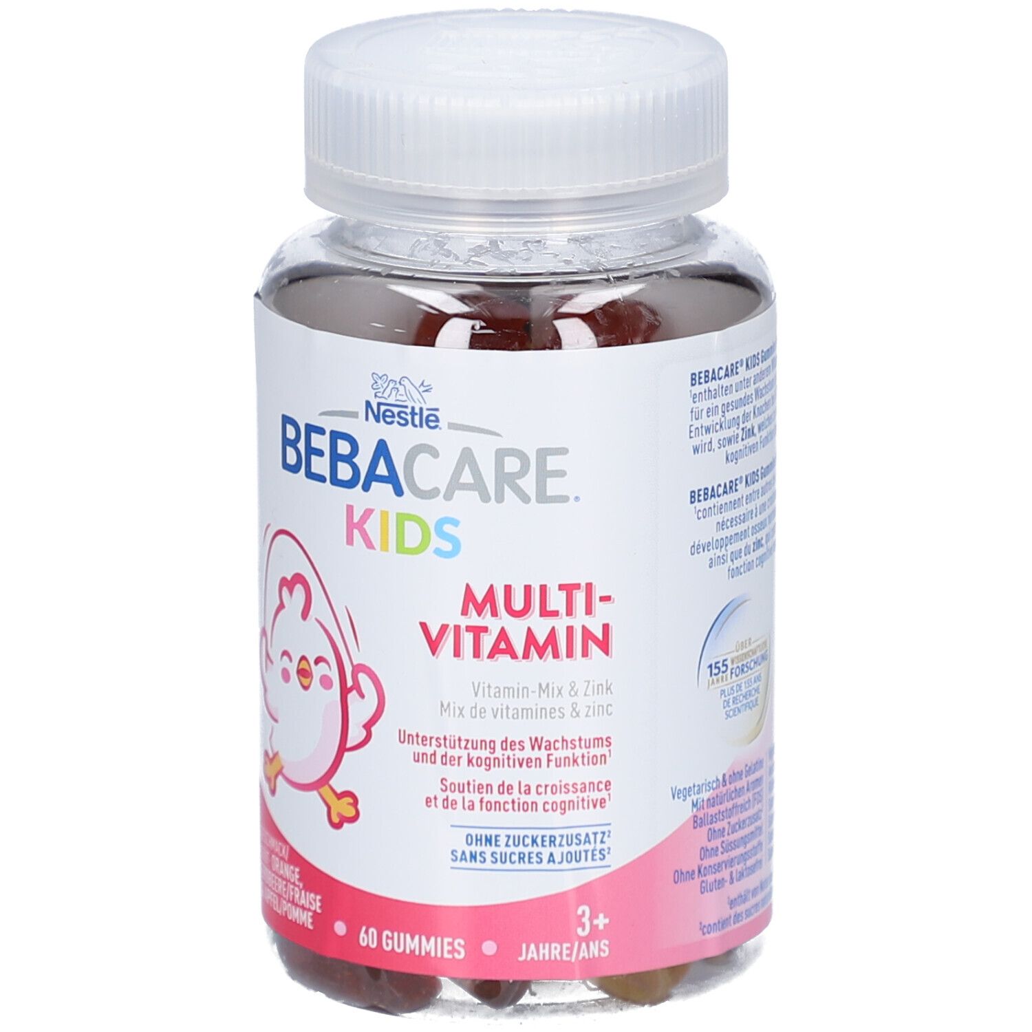 Flasche mit NESTLÉ Bebacare Kids Multi-Vitamin Gummies. Enthält 60 Gummies. Mit Vitaminen und Zink. Für Kinder ab 3 Jahren.