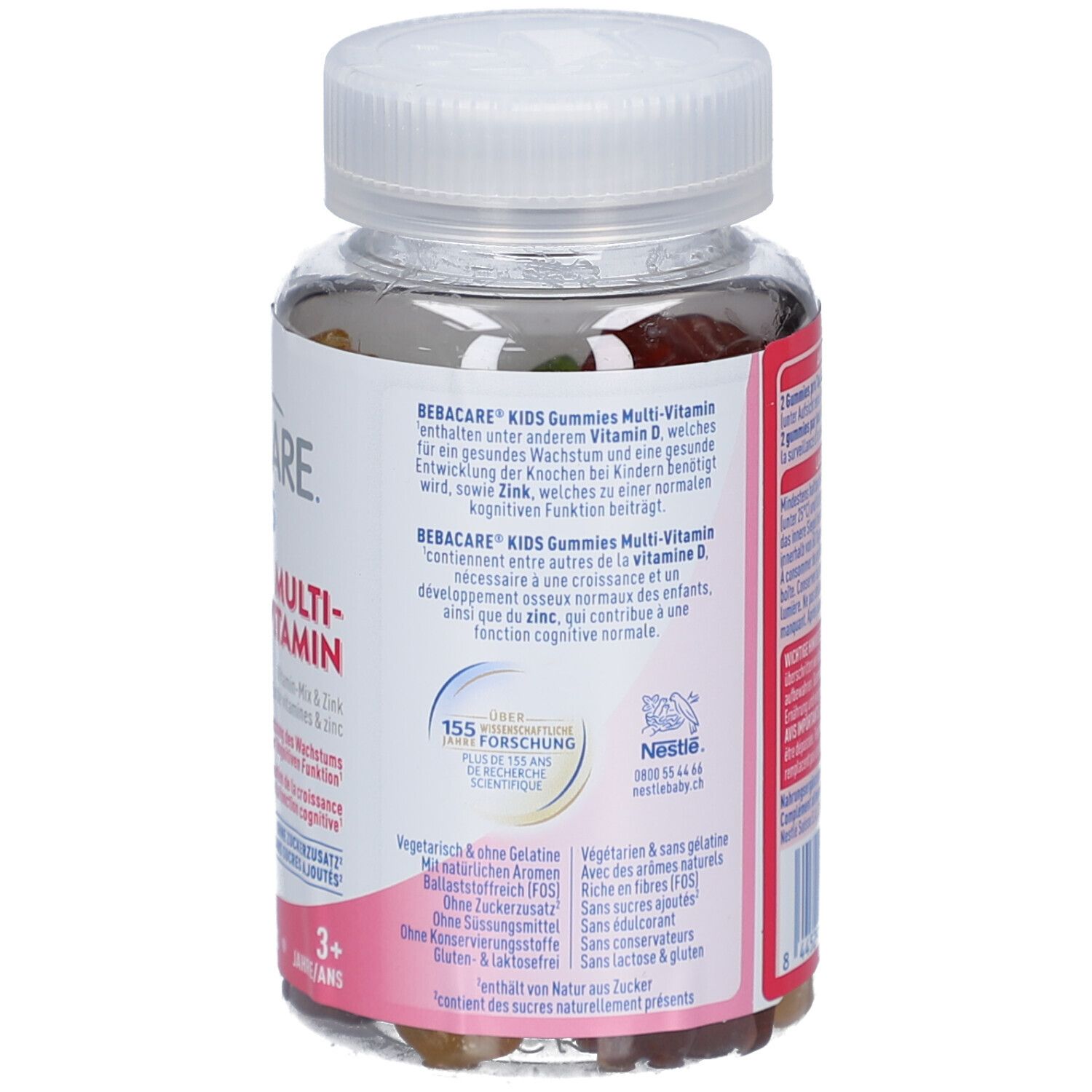 Rückseite der Flasche mit NESTLÉ Bebacare Kids Multi-Vitamin Gummies. Enthält Informationen zu Vitamin D und Zink.