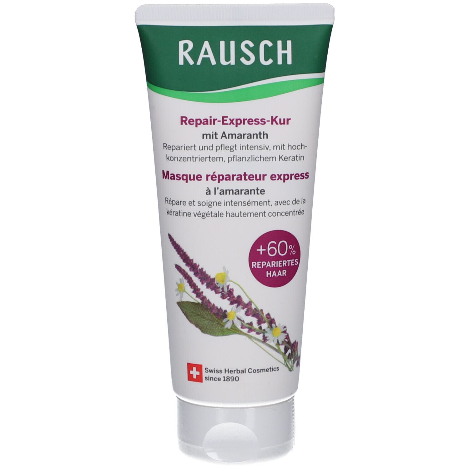 Tube blanche à bande verte. Texte: RAUSCH, Masque réparateur express à l'amarante. Cosmétiques suisses aux herbes depuis 1890. Illustration de plantes.
