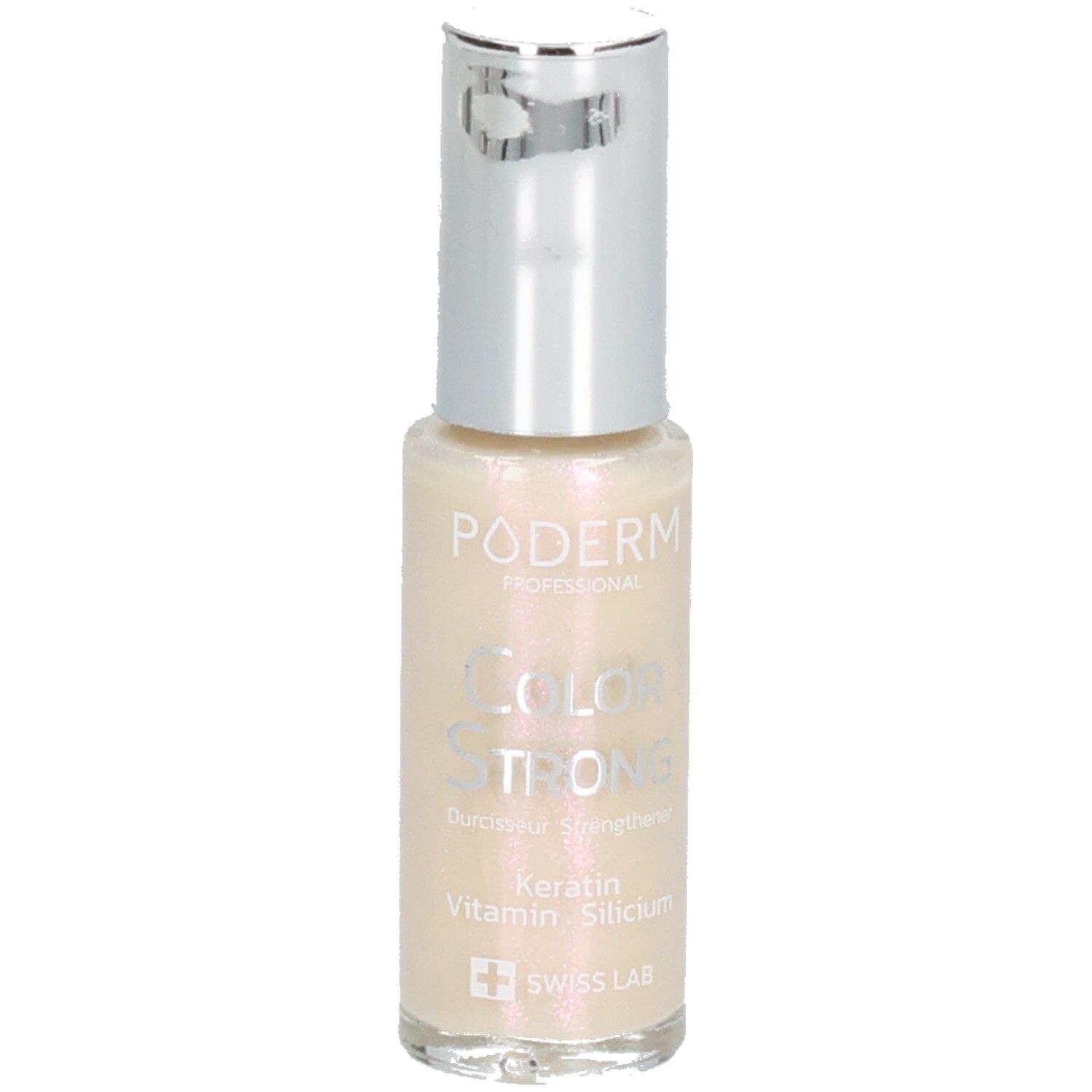 Nagellackflasche mit silbernem Deckel. Aufschrift: PODERM PROFESSIONAL, Color Strong, Keratin, Vitamin, Silicium. Swiss Lab.