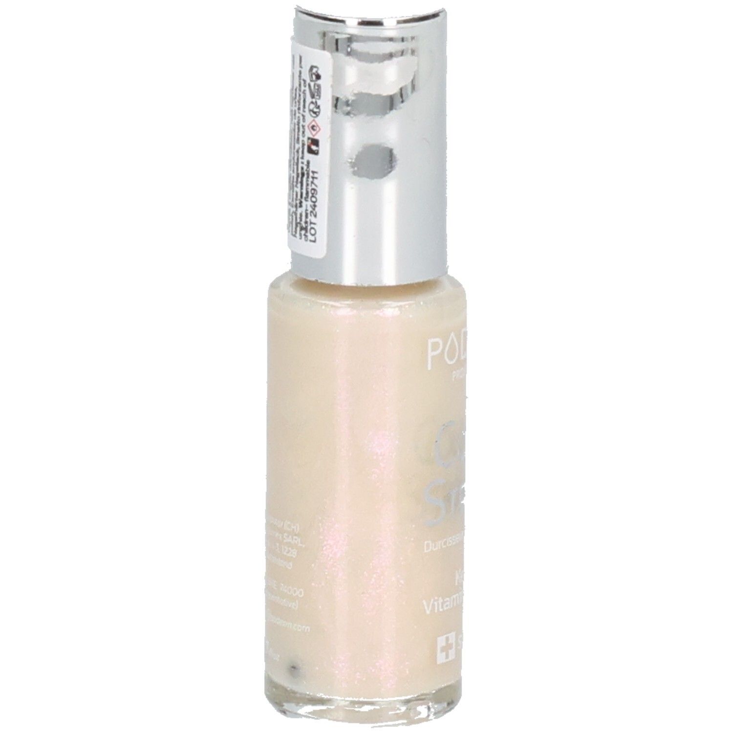 Nagellackflasche mit silbernem Deckel. Aufkleber mit Informationen. Aufschrift: PODERM PROFESSIONAL, Color Strong, Keratin, Vitamin, Silicium.