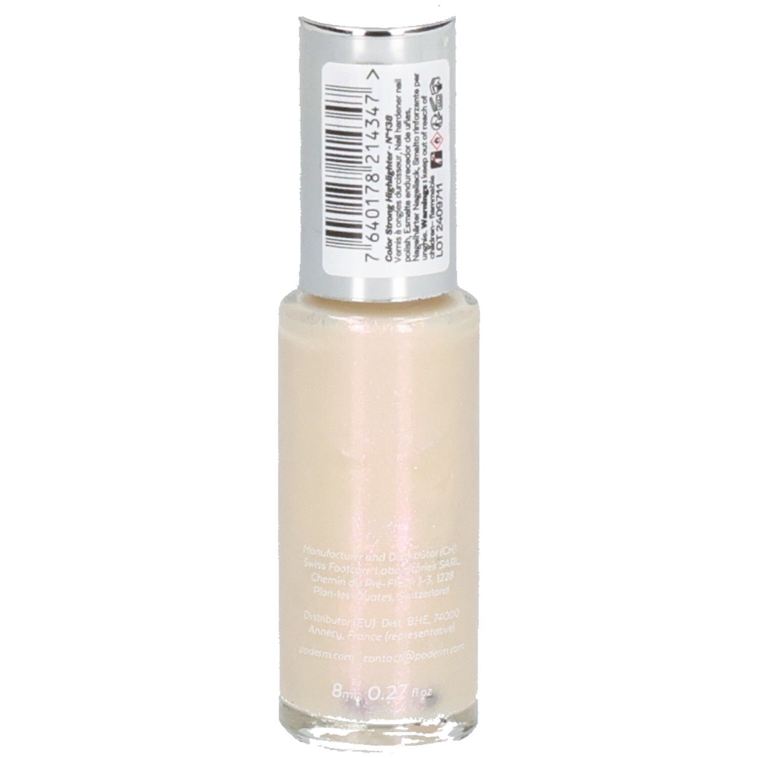 Rückseite der Nagellackflasche mit silbernem Deckel. Aufkleber mit Informationen. Aufschrift: 8 ml, Color Strong Highlighter.