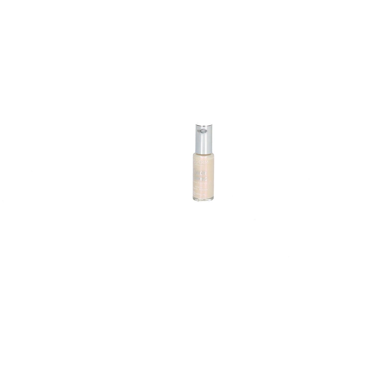Nagellackflasche, stehend. Flasche mit silbernem Deckel. Produkt vor weißem Hintergrund.