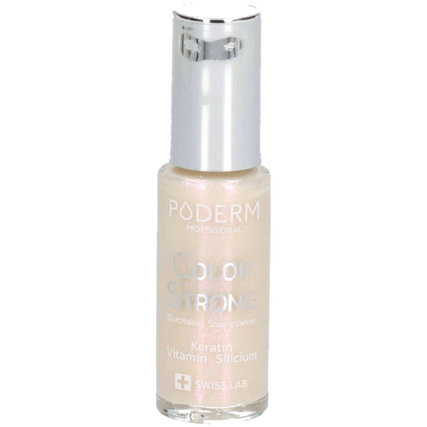 Nagellackflasche mit silbernem Deckel. Aufschrift: PODERM PROFESSIONAL, Color Strong, Keratin, Vitamin, Silicium. Swiss Lab.