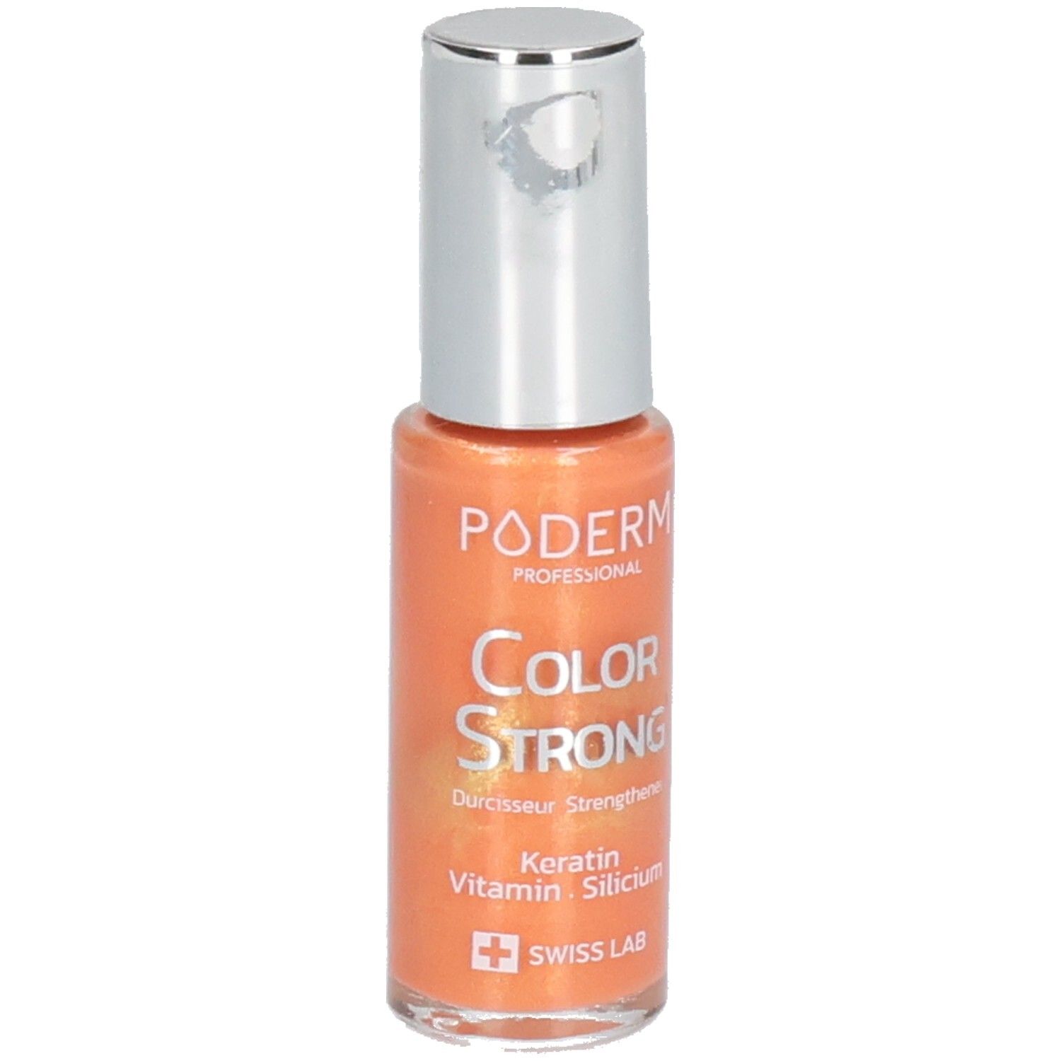 Nagellackflasche, orangefarben, mit silbernem Deckel. Aufschrift: PODERM, COLOR STRONG, Swiss Lab.
