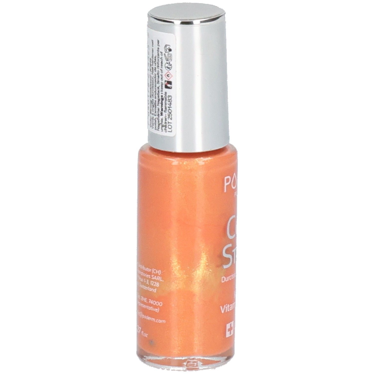 Nagellackflasche, orangefarben, mit silbernem Deckel. Aufschrift: PODERM, COLOR STRONG, Swiss Lab. Rückseite mit Text.