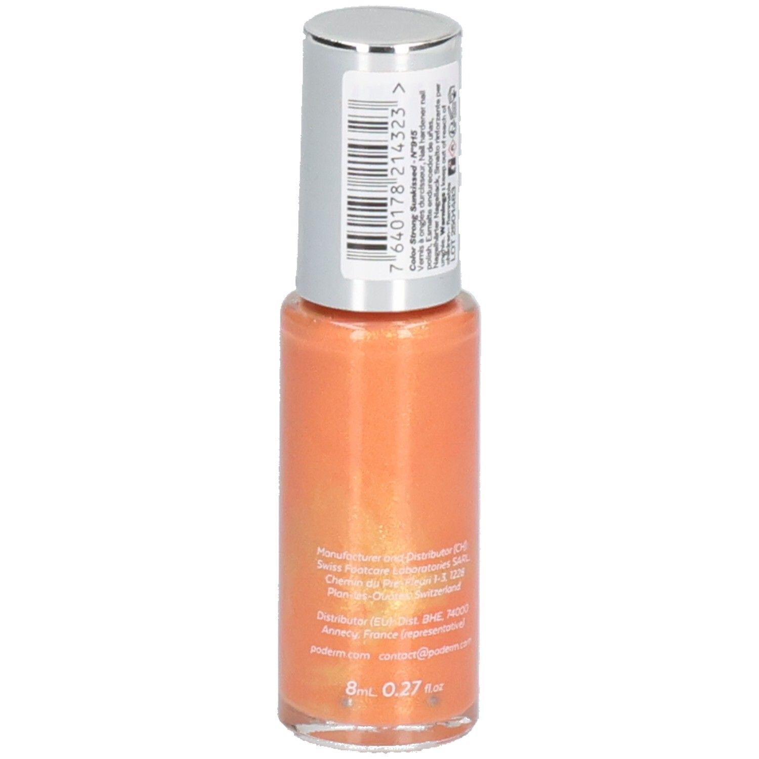 Nagellackflasche, orangefarben, mit silbernem Deckel. Rückseite mit Barcode und Text.