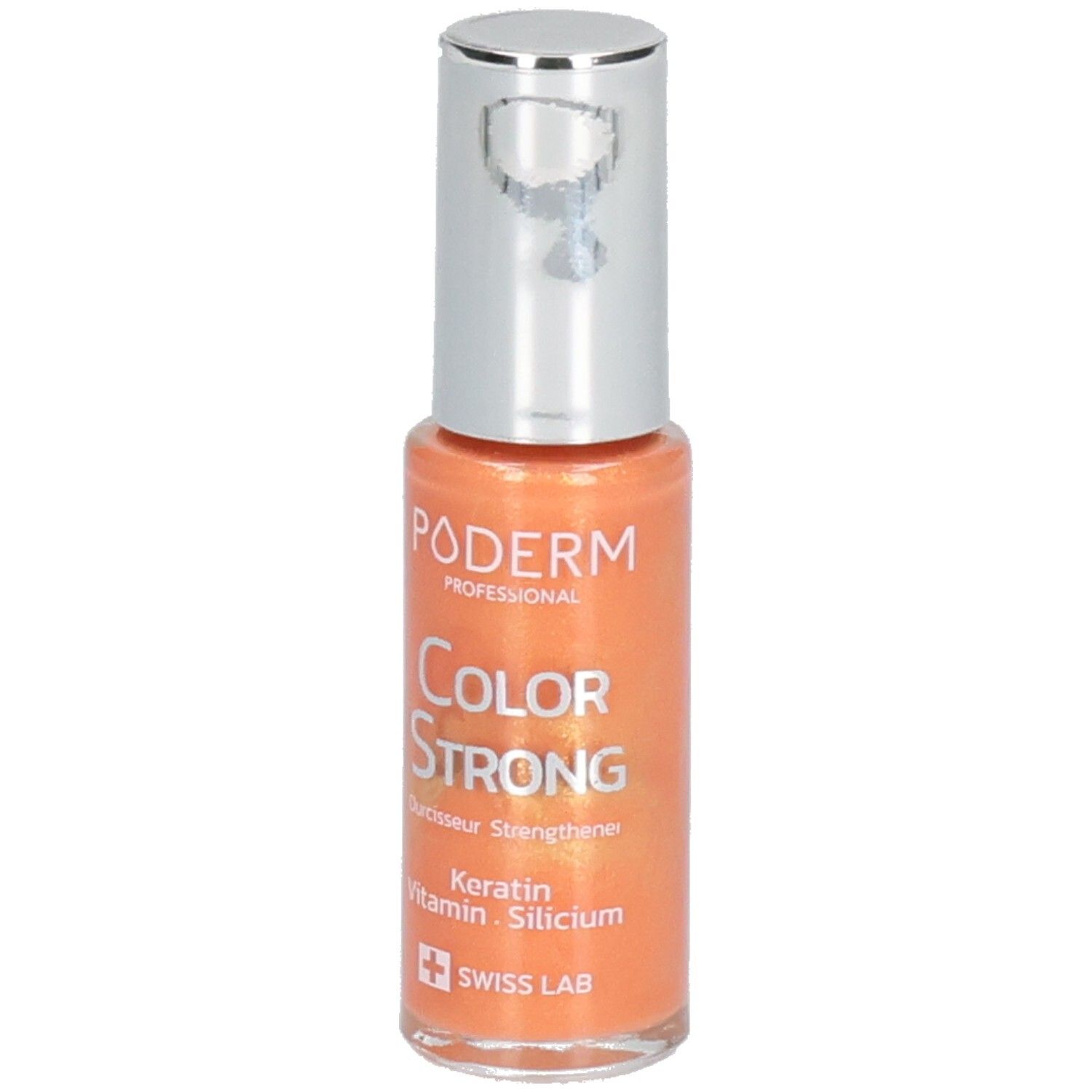 Nagellackflasche, orangefarben, mit silbernem Deckel. Aufschrift: PODERM, COLOR STRONG, Swiss Lab.