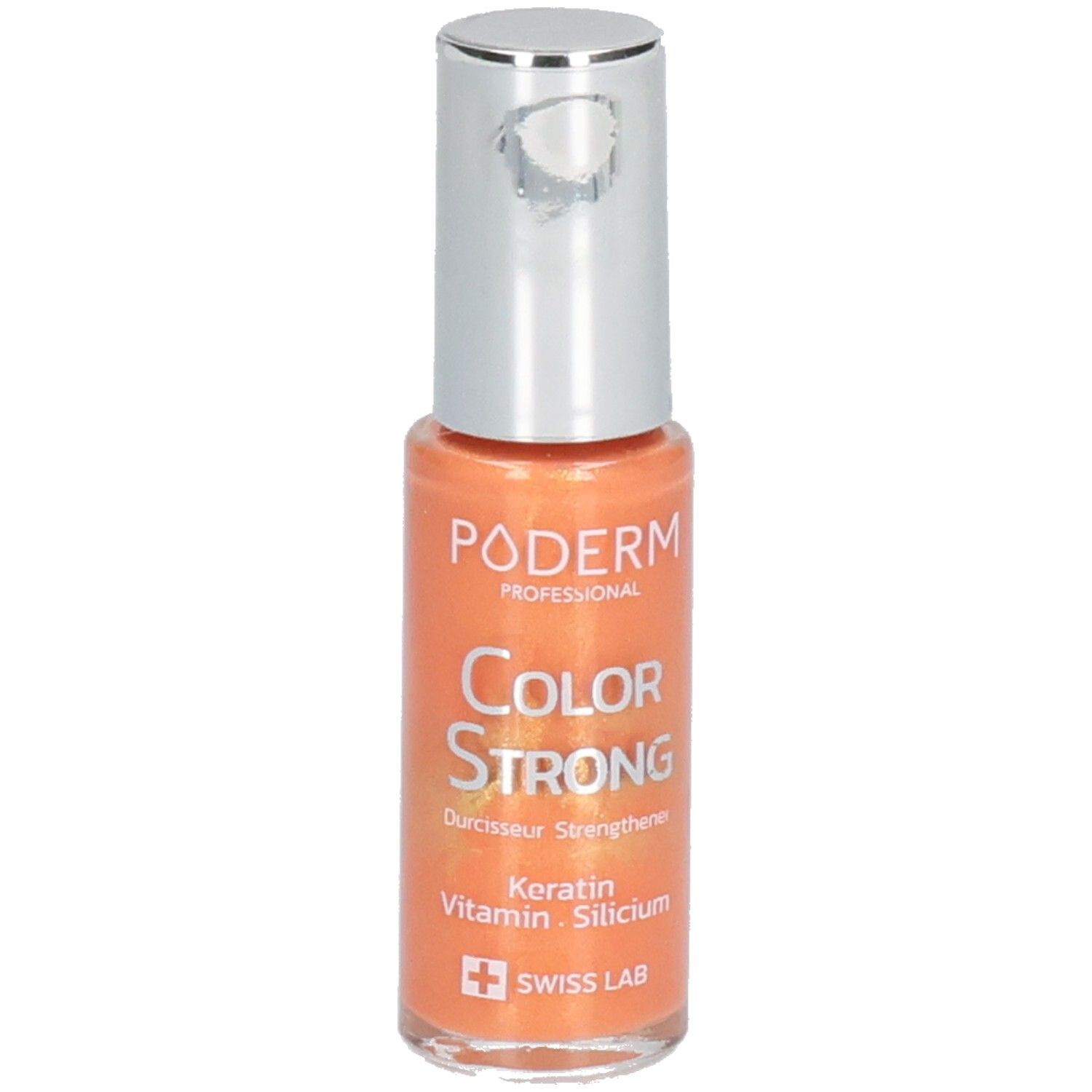 Nagellackflasche, orangefarben, mit silbernem Deckel. Aufschrift: PODERM, COLOR STRONG, Swiss Lab.