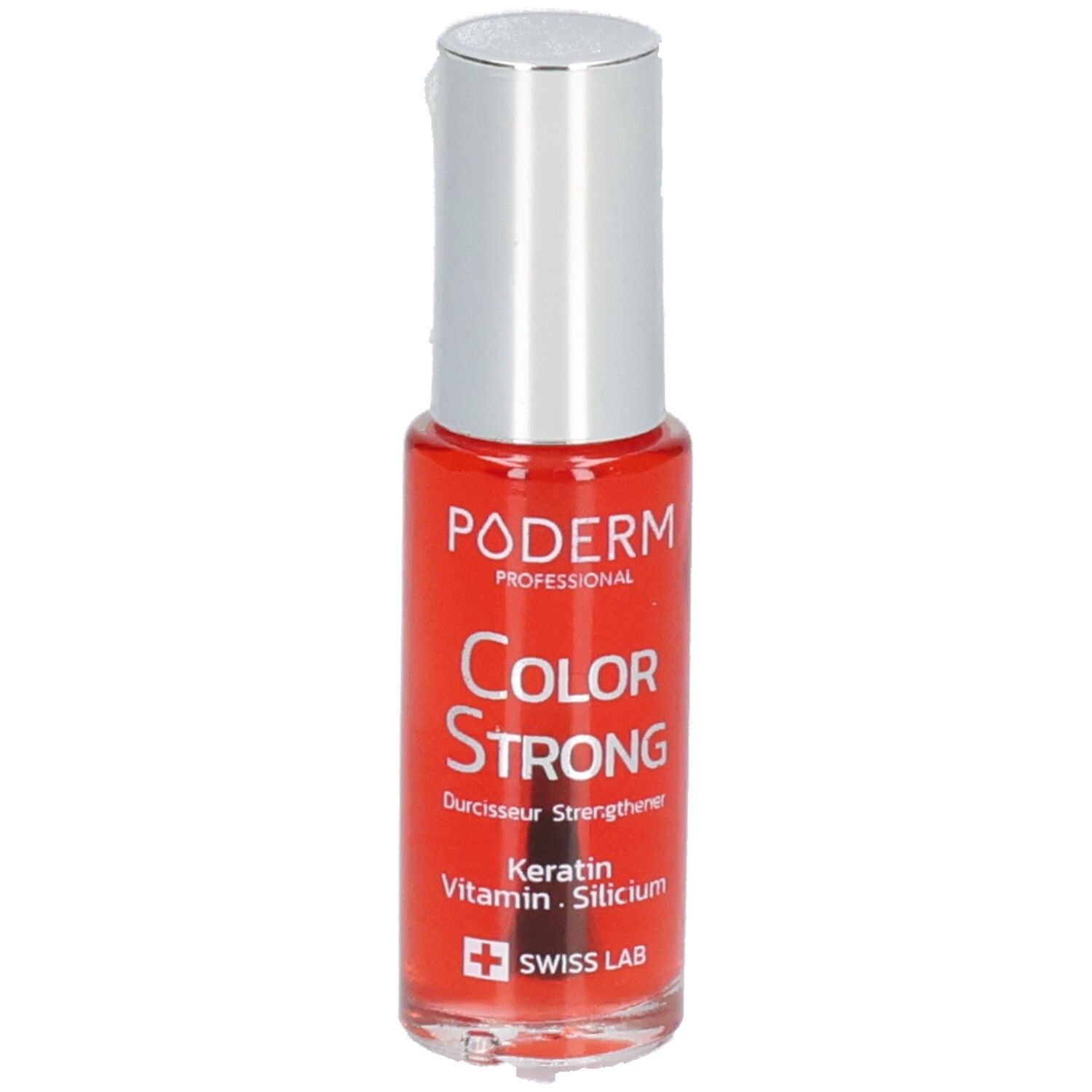 Rote Nagellackflasche mit silbernem Deckel. Aufschrift: PODERM, Color Strong, Swiss Lab. Enthält Keratin, Vitamin, Silicium.