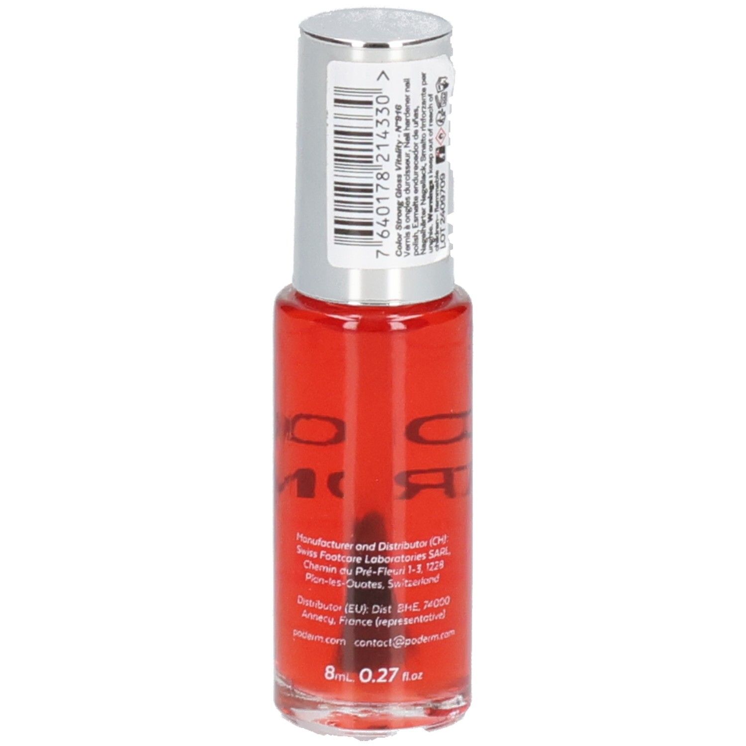 Rote Nagellackflasche mit silbernem Deckel. Rückseite mit Produktinformationen, Barcode und Volumenangabe: 8 ml.