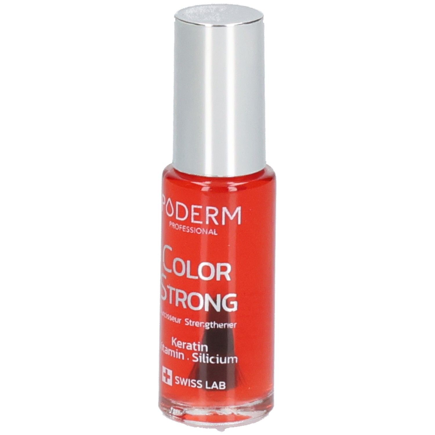 Rote Nagellackflasche mit silbernem Deckel. Aufschrift: PODERM, Color Strong, Swiss Lab. Pinsel sichtbar.
