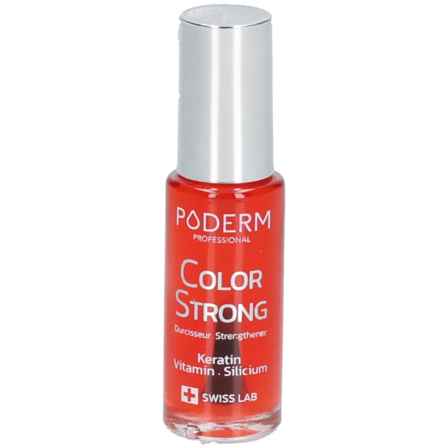 Rote Nagellackflasche mit silbernem Deckel. Aufschrift: PODERM, Color Strong, Swiss Lab. Enthält Keratin, Vitamin, Silicium.