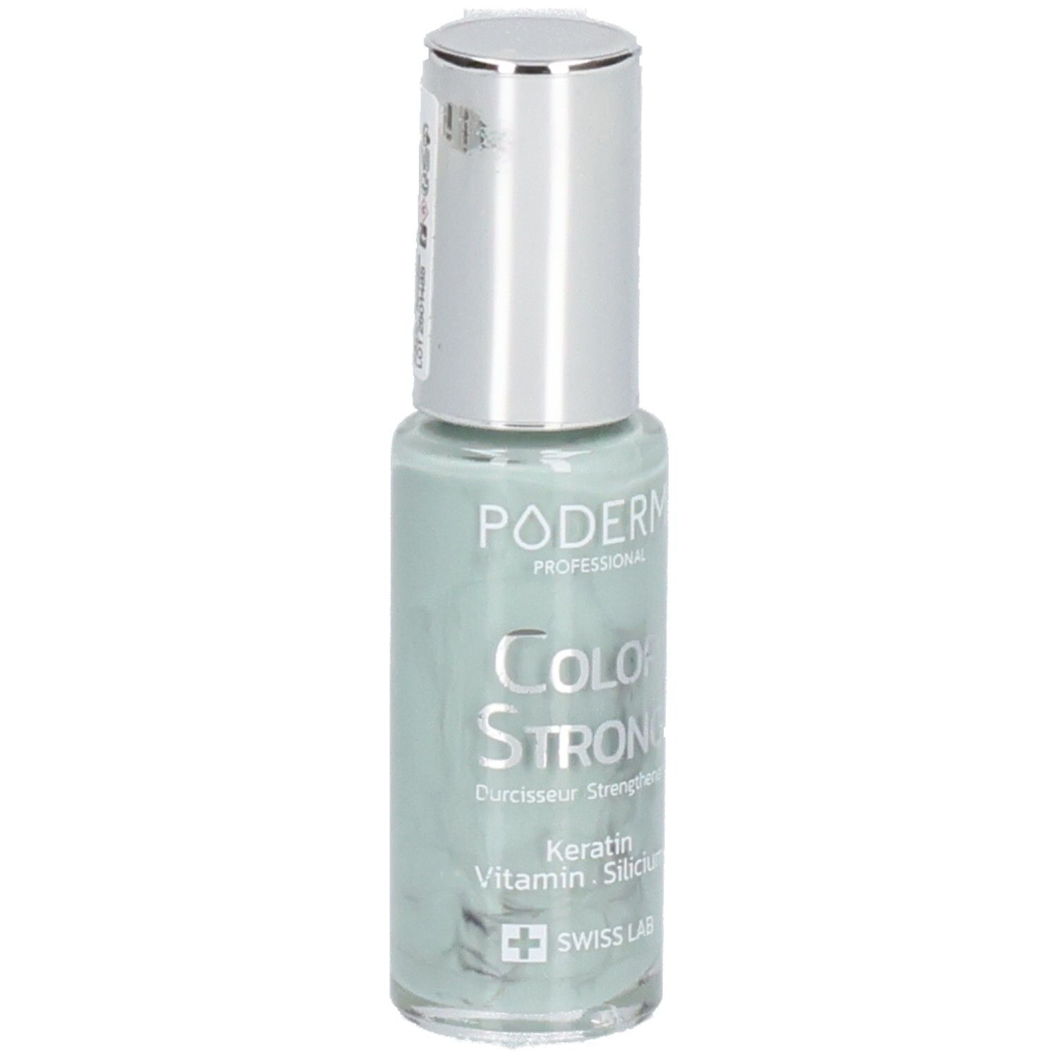 Hellgrüner Nagellackflakon mit silbernem Deckel. Aufschrift: PODERM PROFESSIONAL, COLOR STRONG, Keratin, Vitamin, Silicium, SWISS LAB.