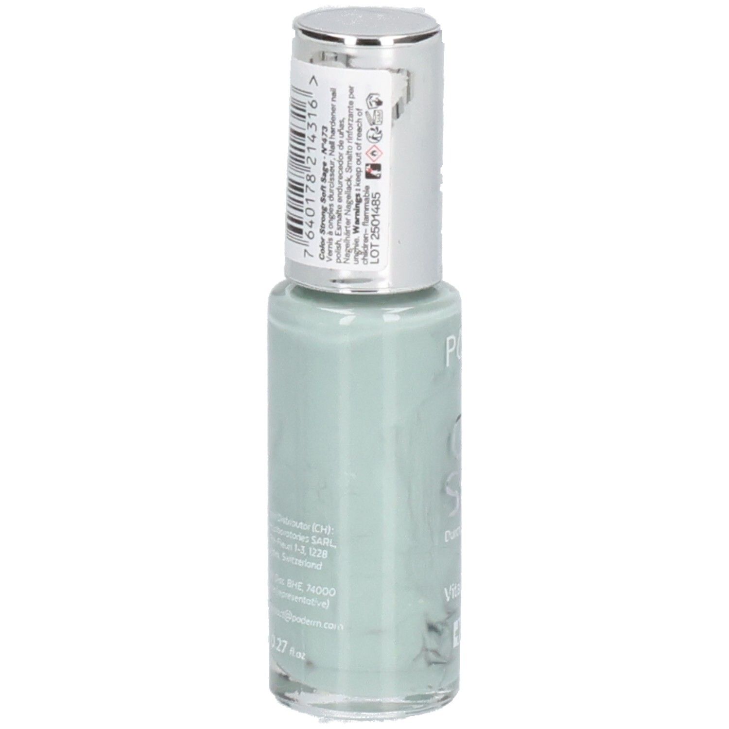 Rückansicht des hellgrünen Nagellackflakons. Silberner Deckel. Aufkleber mit Barcode und Warnhinweisen. Aufschrift: PODERM.