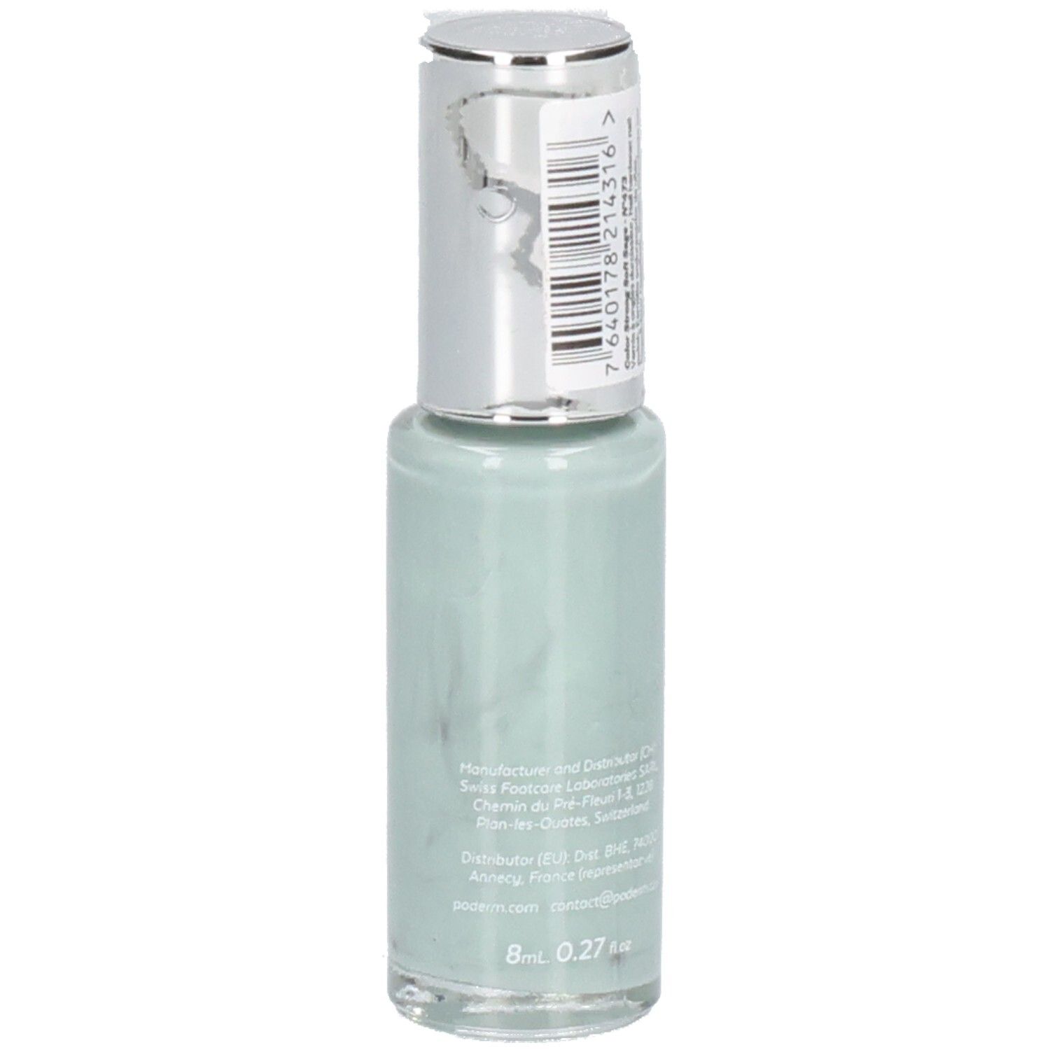 Rückansicht des hellgrünen Nagellackflakons. Silberner Deckel. Aufkleber mit Barcode und Text. Aufschrift: PODERM, 8ml 0.27 fl oz.